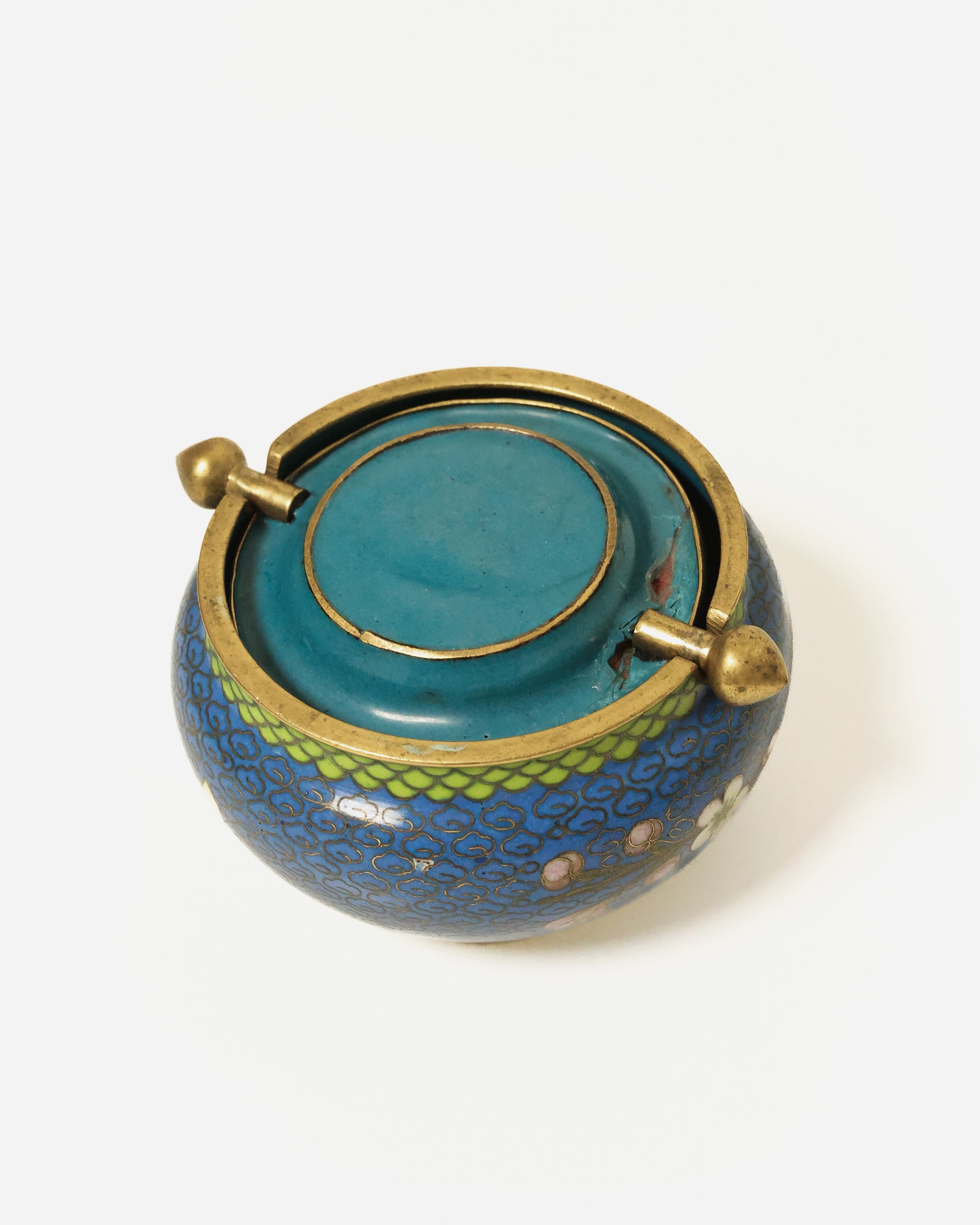 Chinese Cloisonné Lidded Ashtray, Blue Floral Enamel on Brass