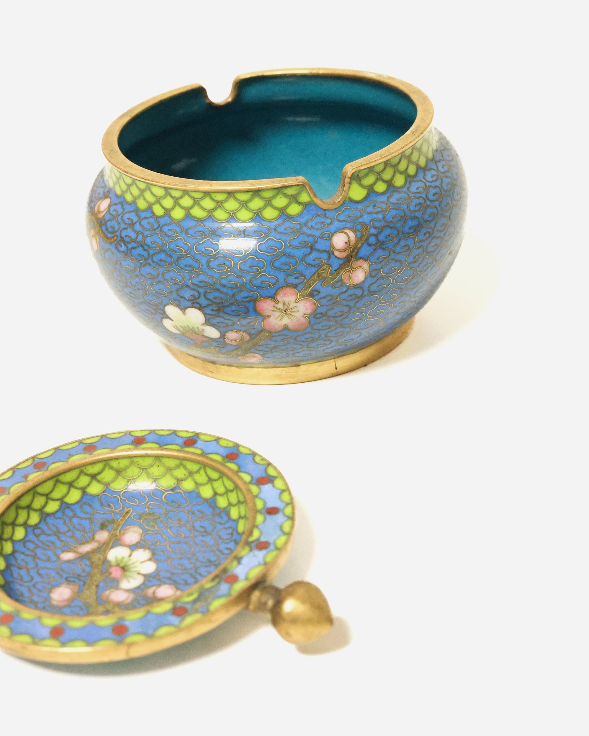 Chinese Cloisonné Lidded Ashtray, Blue Floral Enamel on Brass