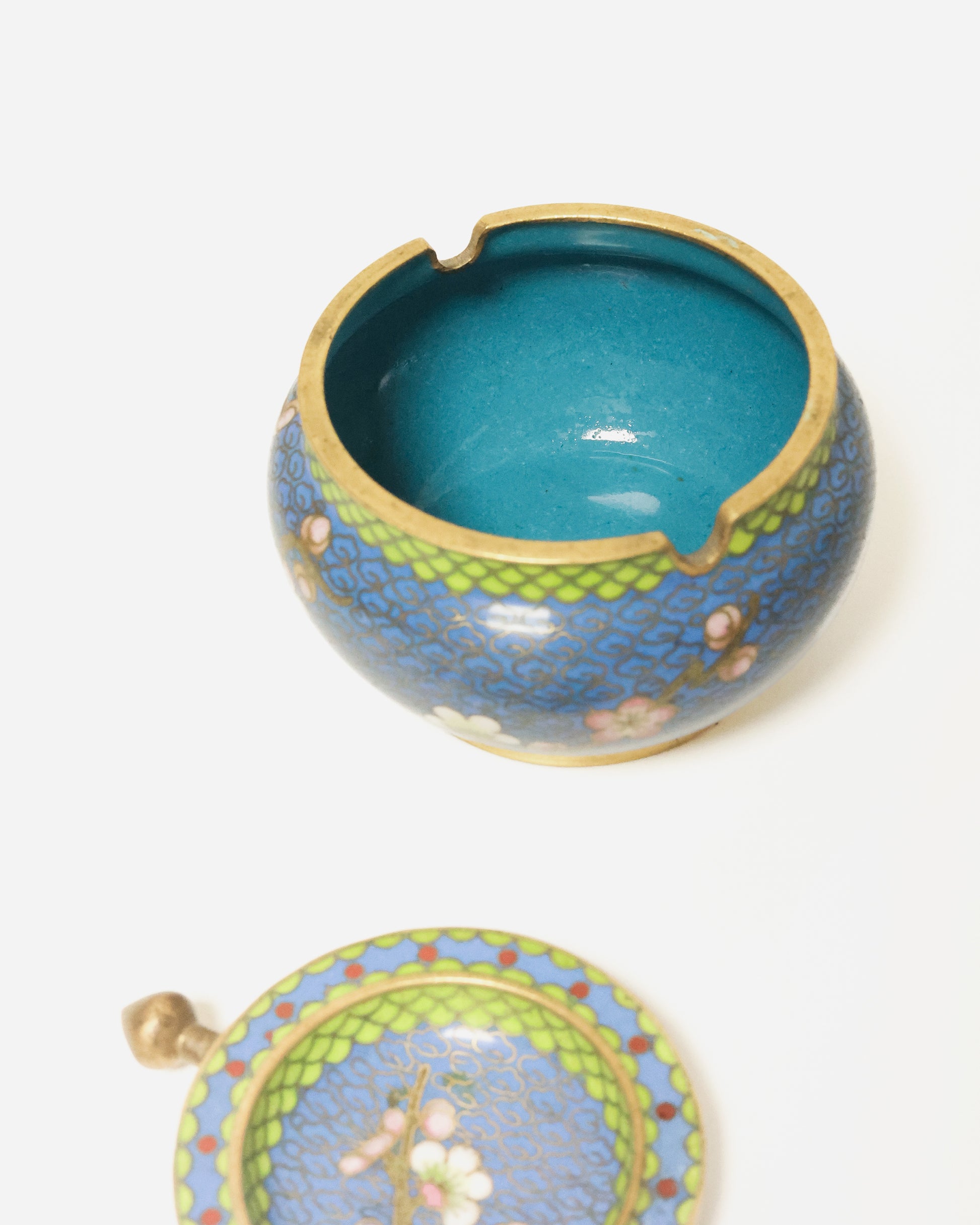 Chinese Cloisonné Lidded Ashtray, Blue Floral Enamel on Brass
