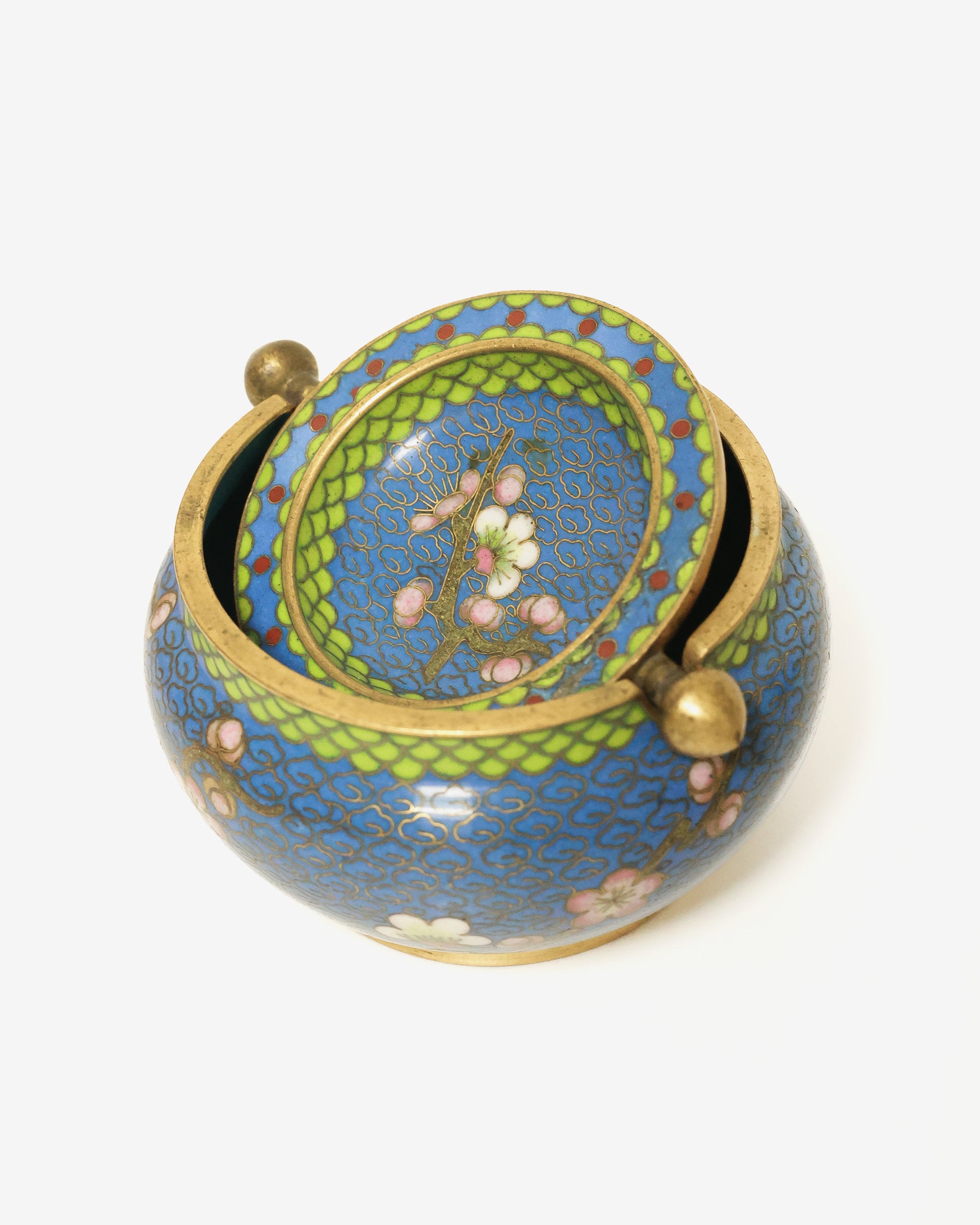 Chinese Cloisonné Lidded Ashtray, Blue Floral Enamel on Brass