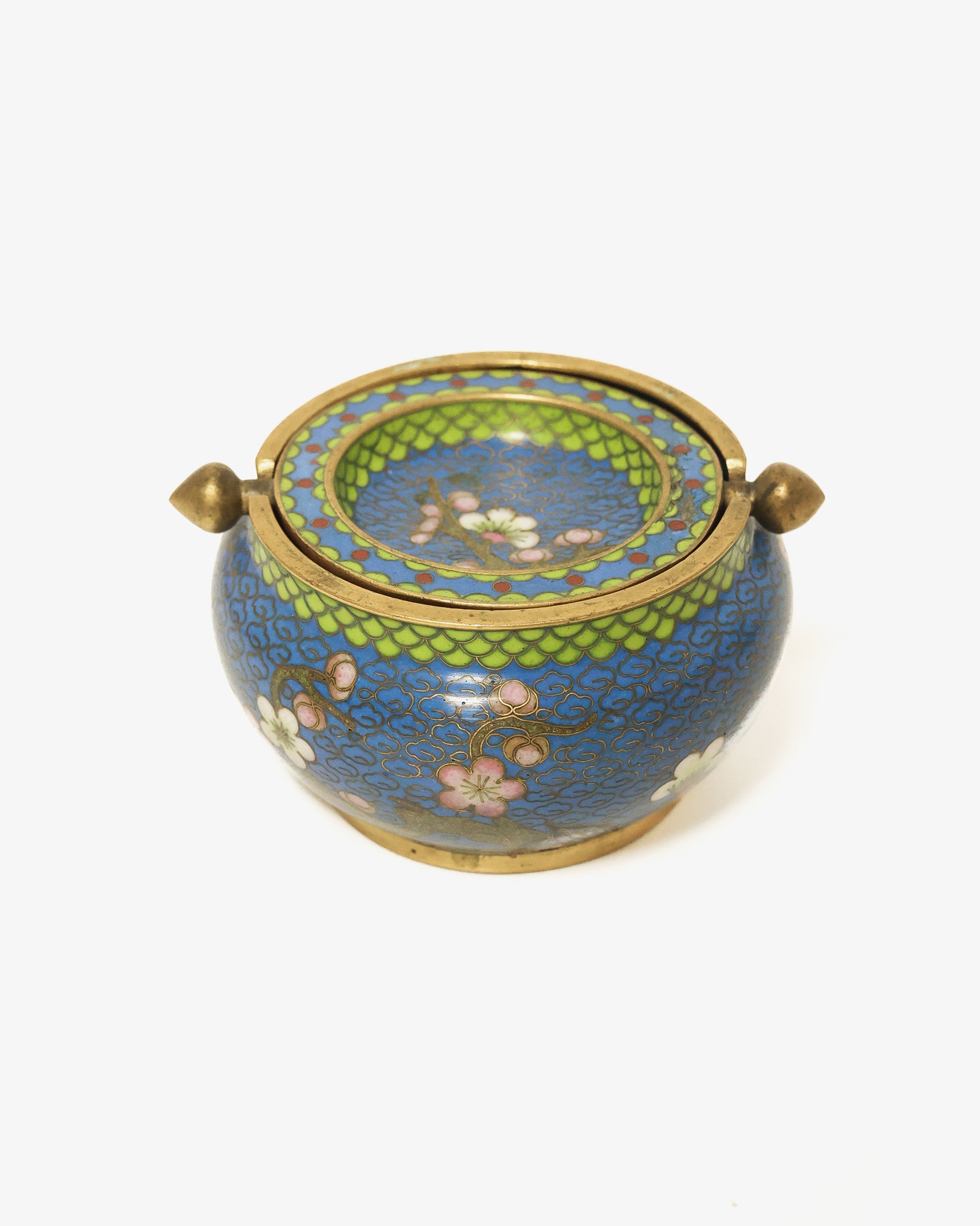 Chinese Cloisonné Lidded Ashtray, Blue Floral Enamel on Brass