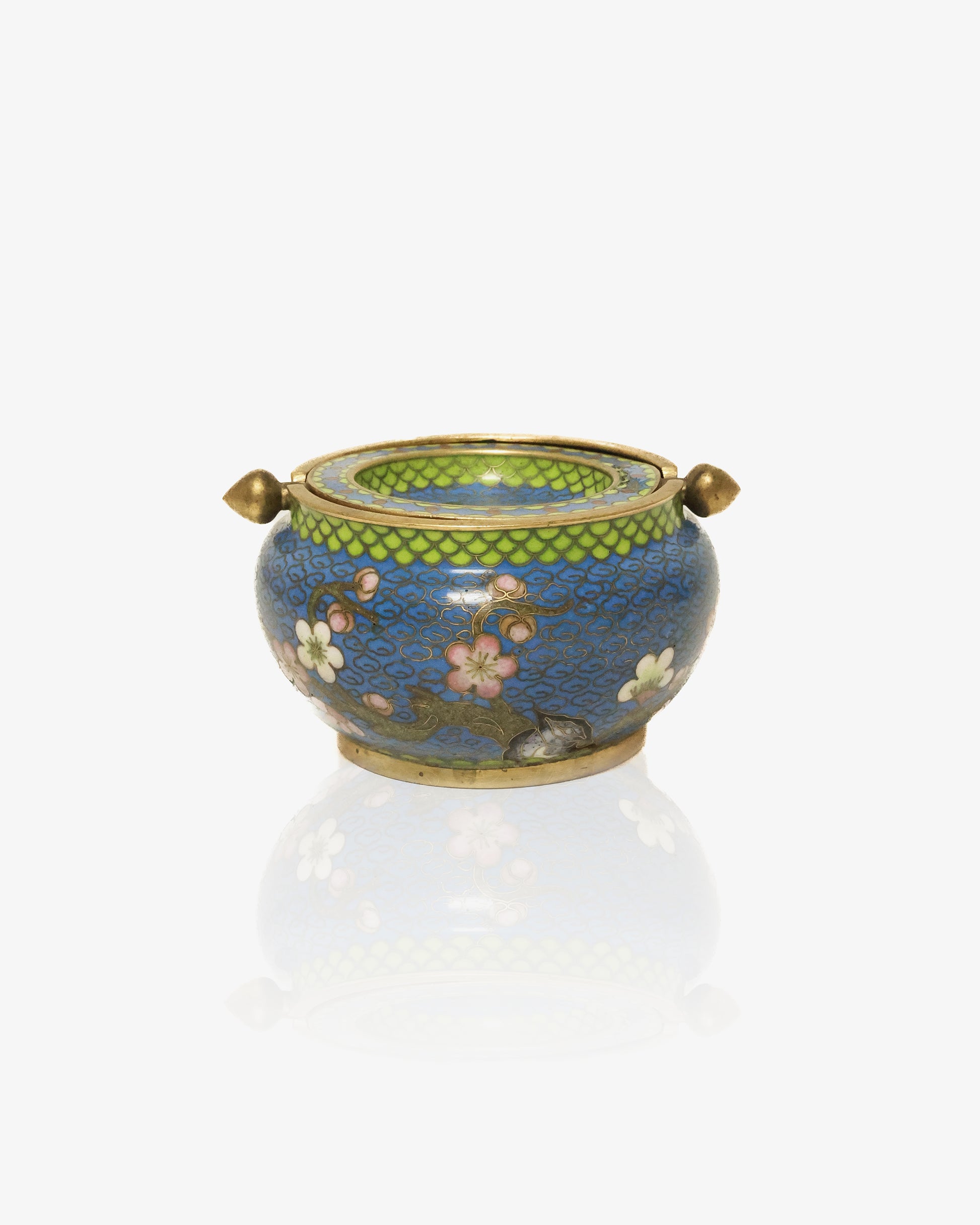 Chinese Cloisonné Lidded Ashtray, Blue Floral Enamel on Brass