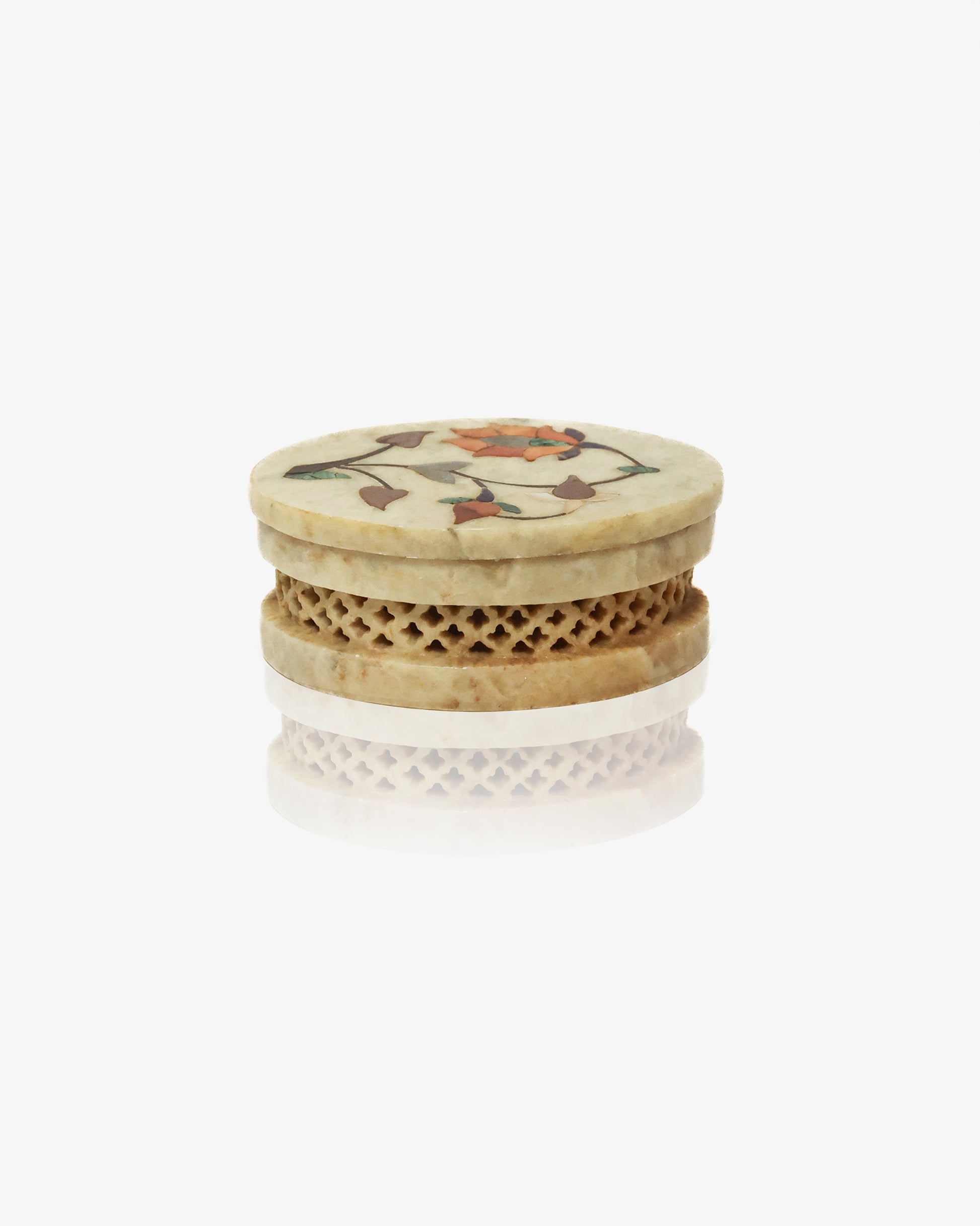 Pietra Dura Hand-Carved Jewelry Box with Floral Inlay, Soapstone