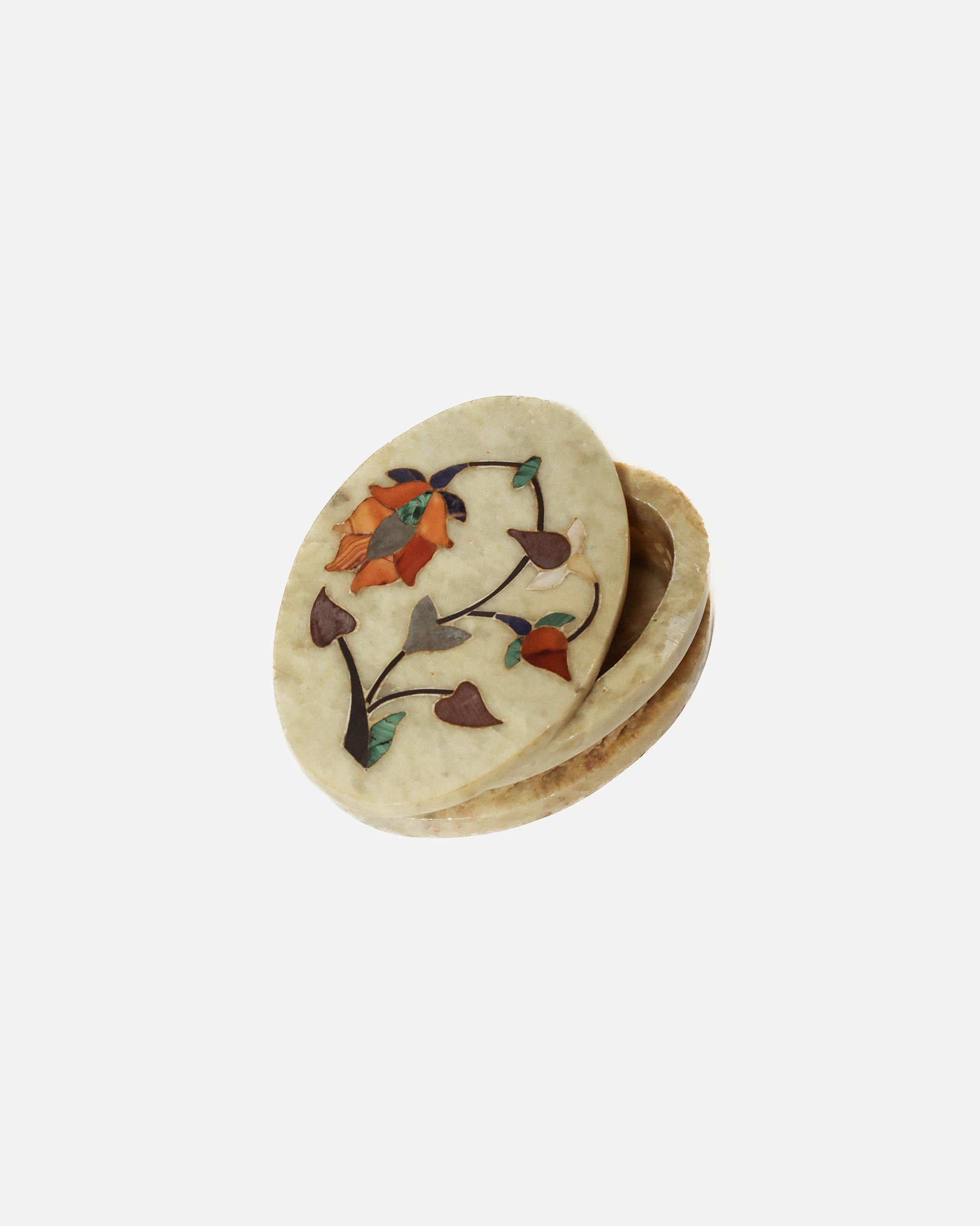 Pietra Dura Hand-Carved Jewelry Box with Floral Inlay, Soapstone