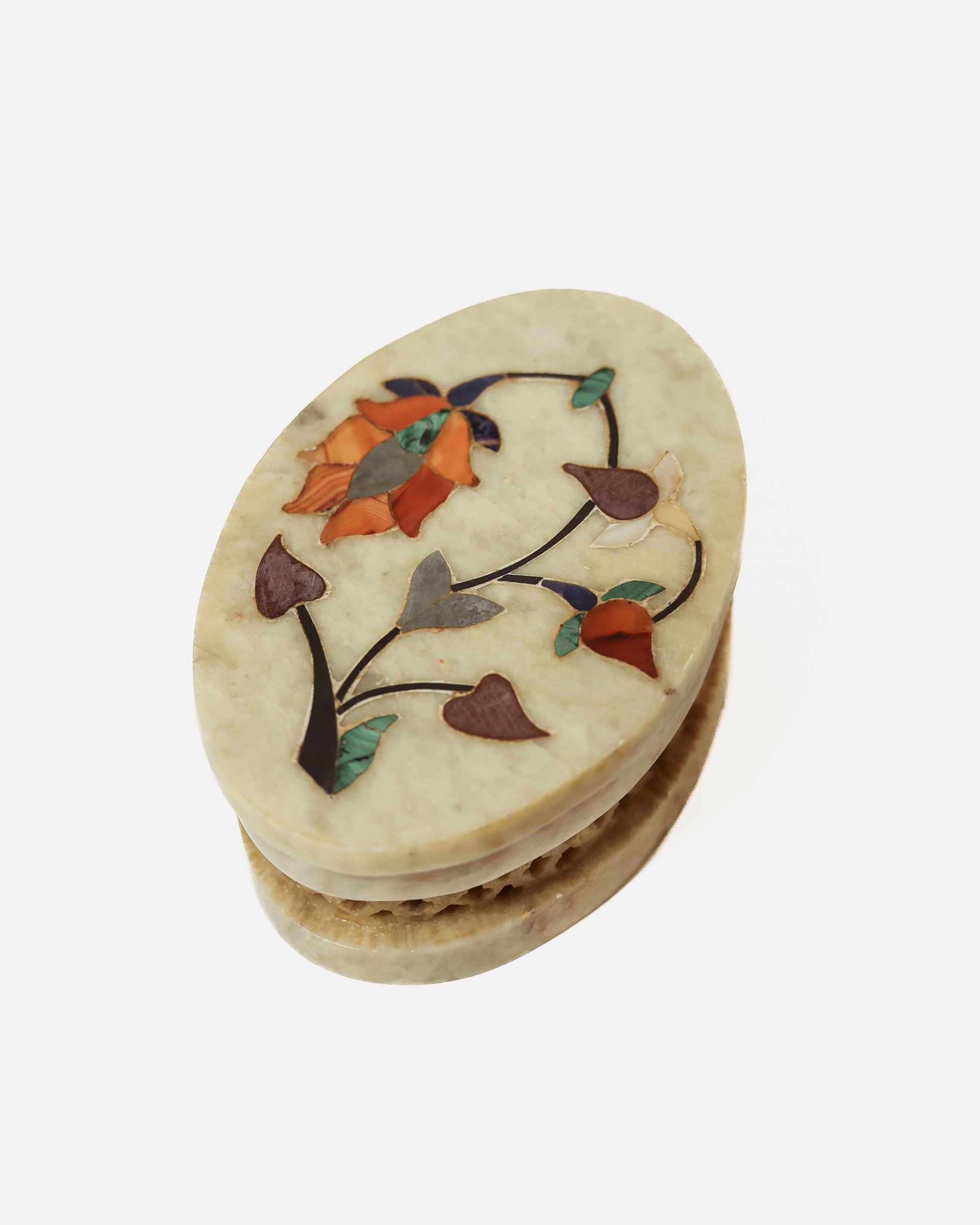 Pietra Dura Hand-Carved Jewelry Box with Floral Inlay, Soapstone