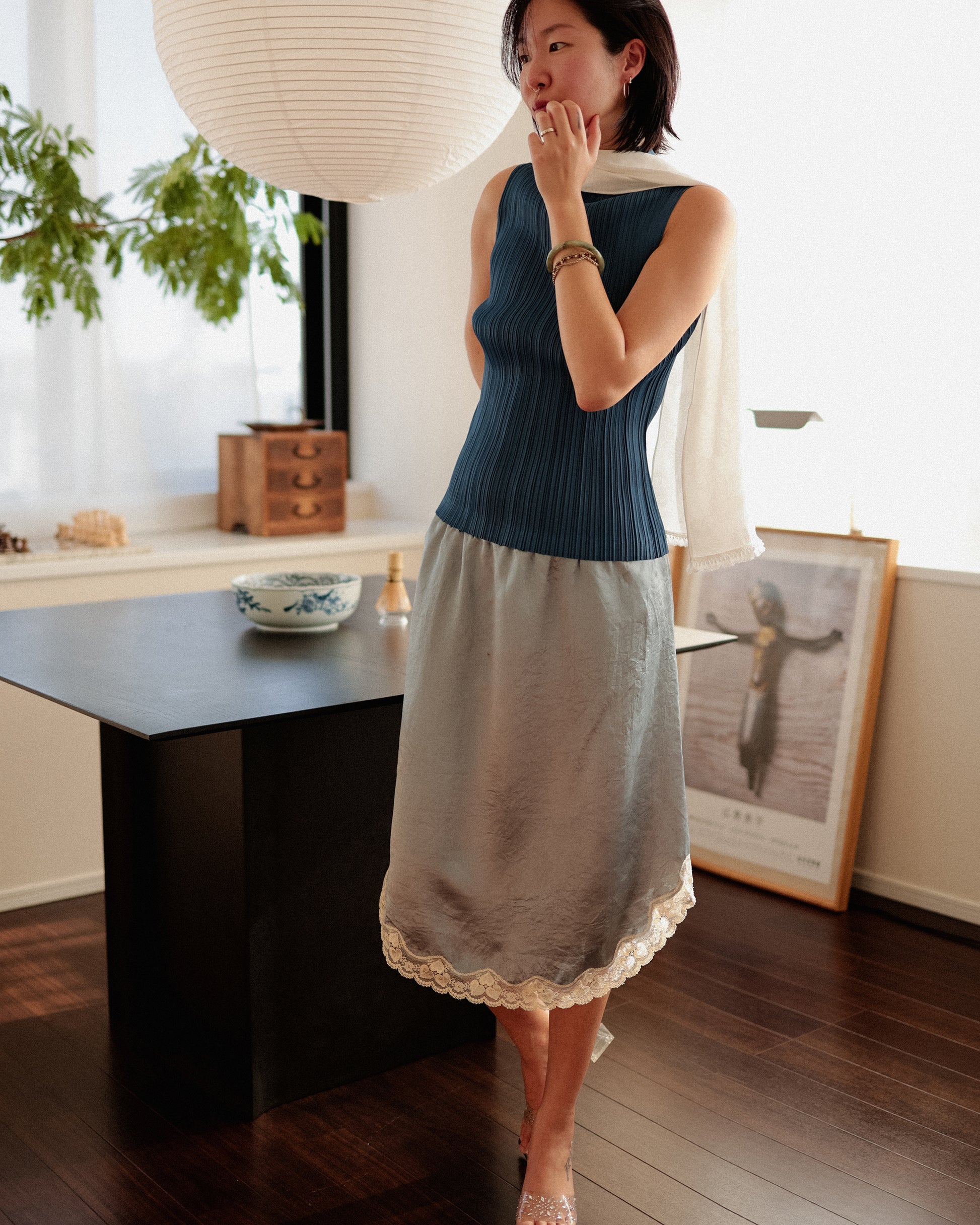 オーシャンプリーツスリーブレスTops、アズールブルー