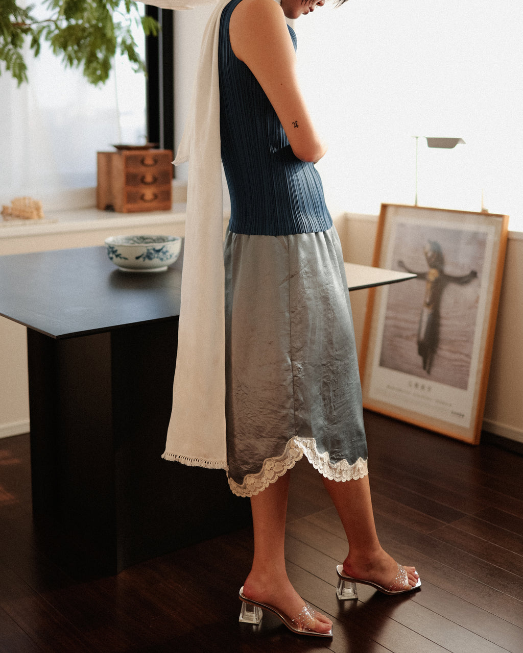 Marie Storm Satin Skirt, Stormlight Blue