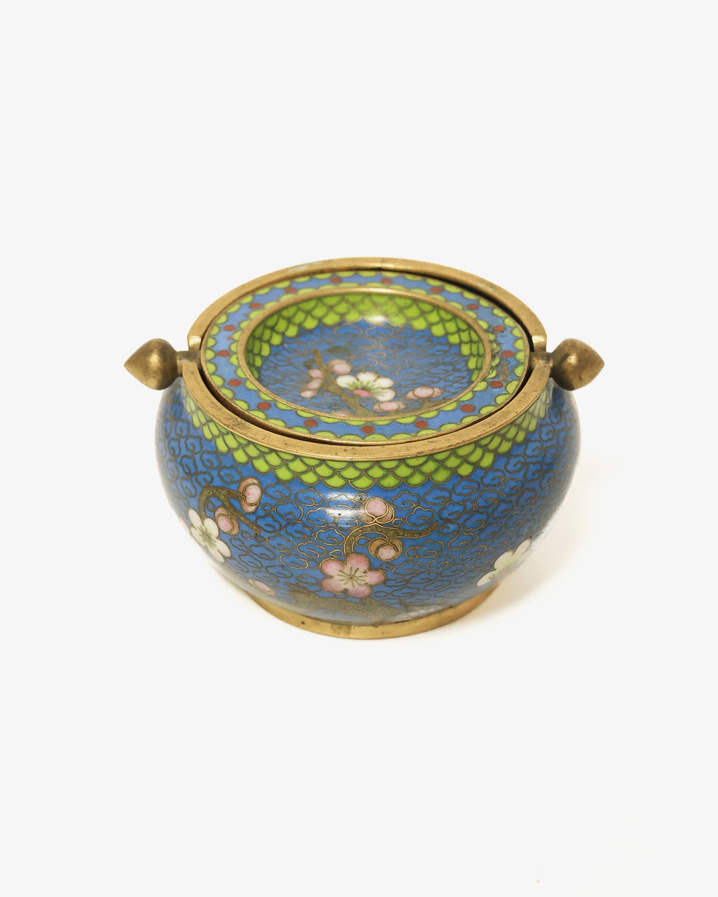 Chinese Cloisonné Lidded Ashtray, Blue Floral Enamel on Brass