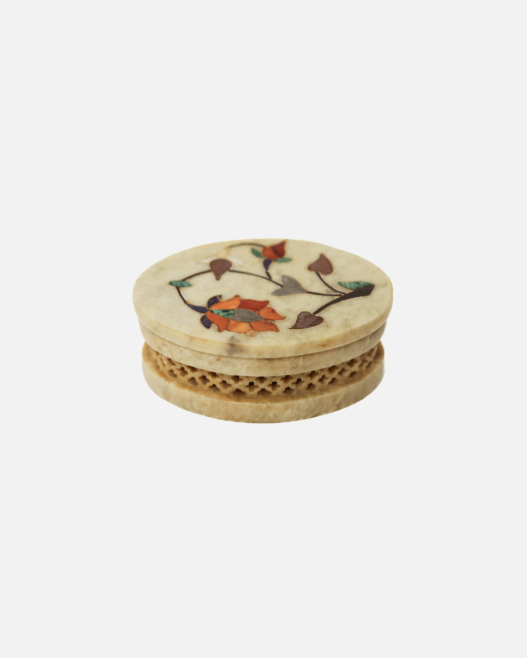 Pietra Dura Hand-Carved Jewelry Box with Floral Inlay, Soapstone
