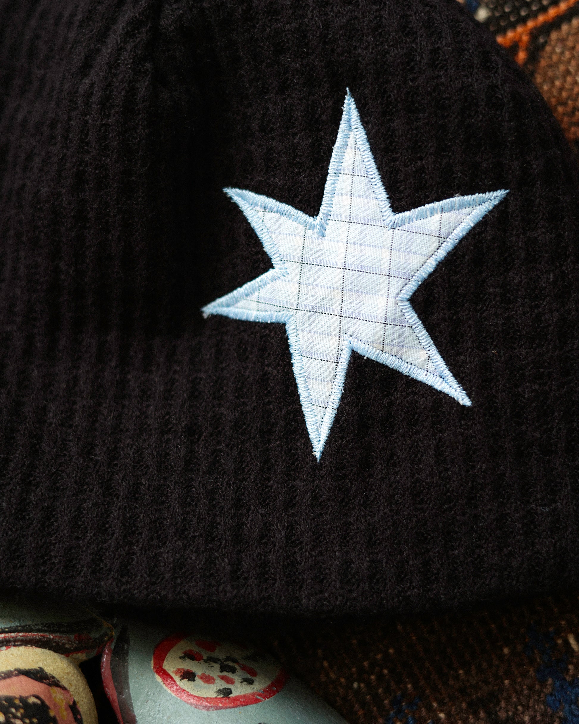 Star Patch Waffle Beanie, Shooting Star Black