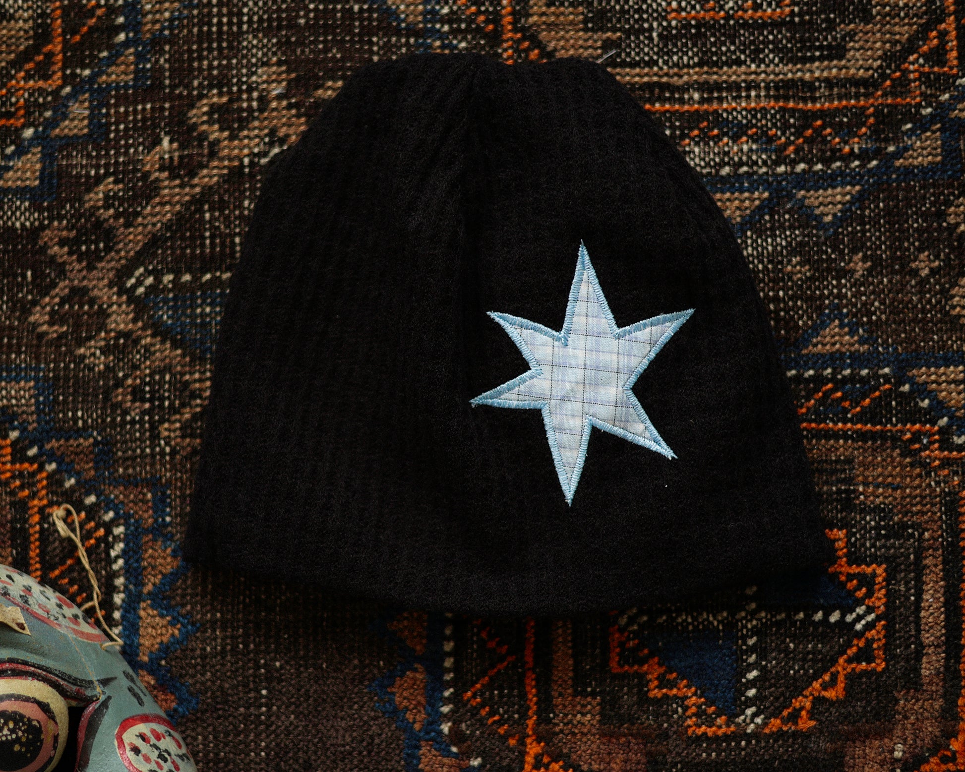 Star Patch Waffle Beanie, Shooting Star Black