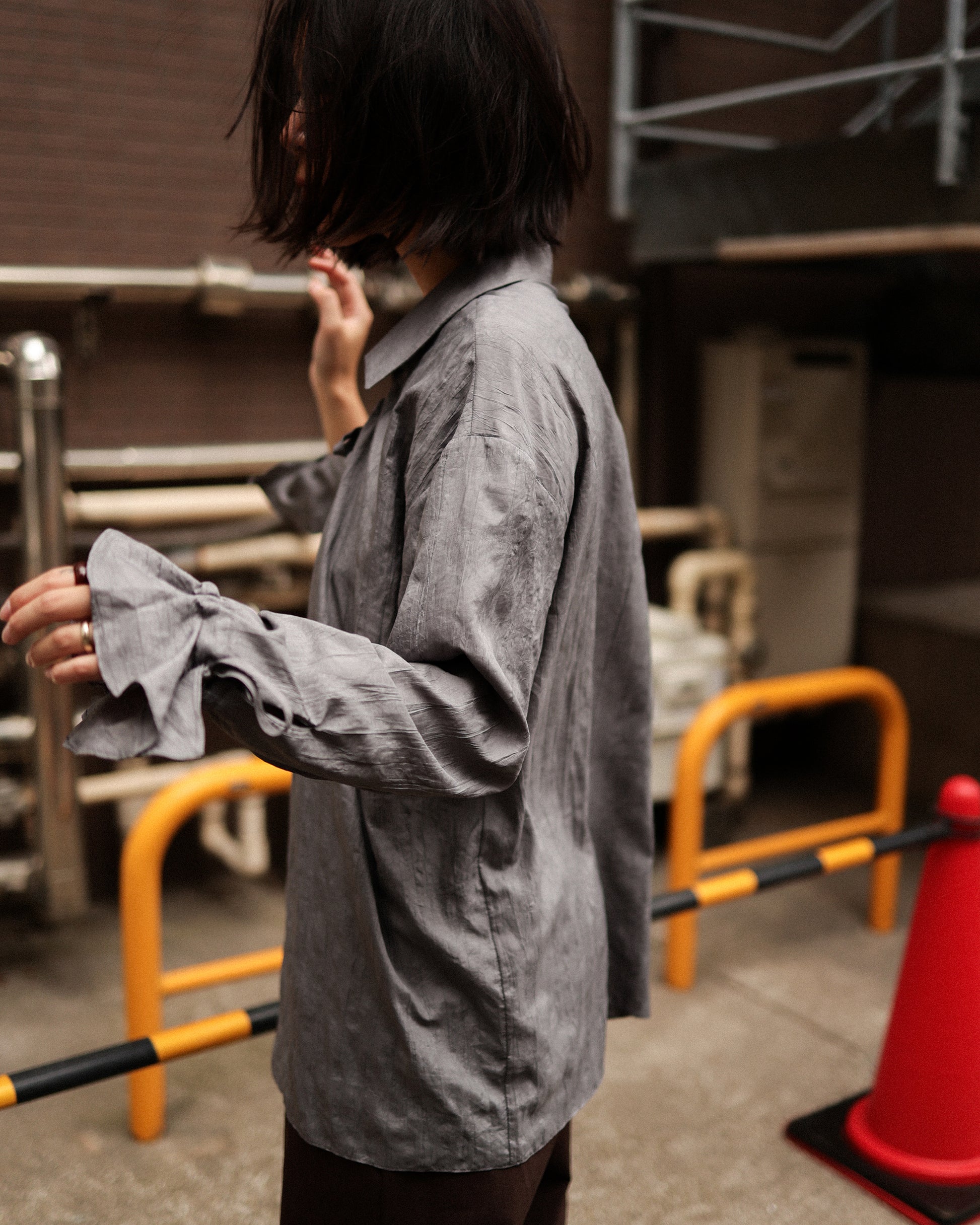 Textured Loose String Pierrot Blouse, Thunder