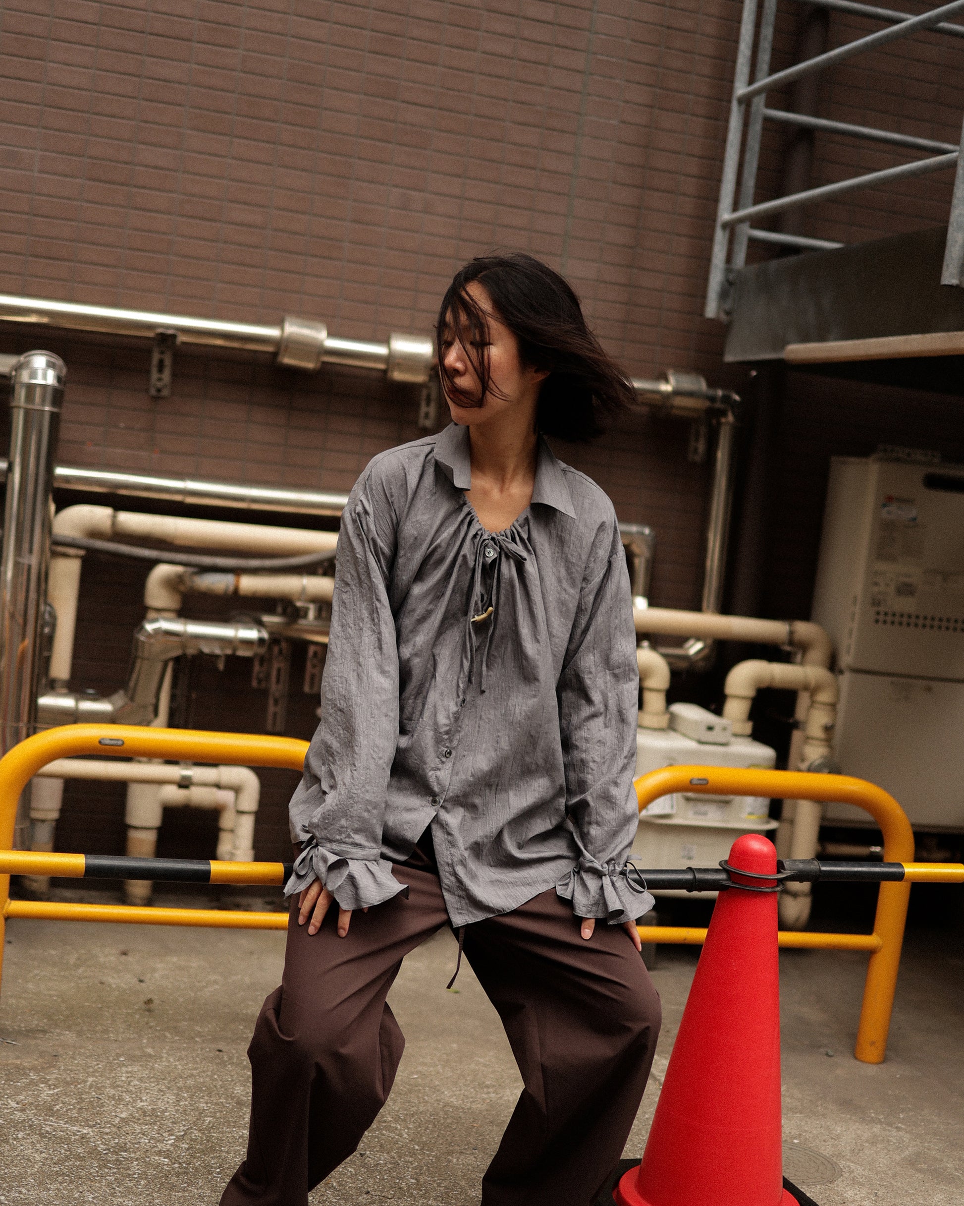 Textured Loose String Pierrot Blouse, Thunder