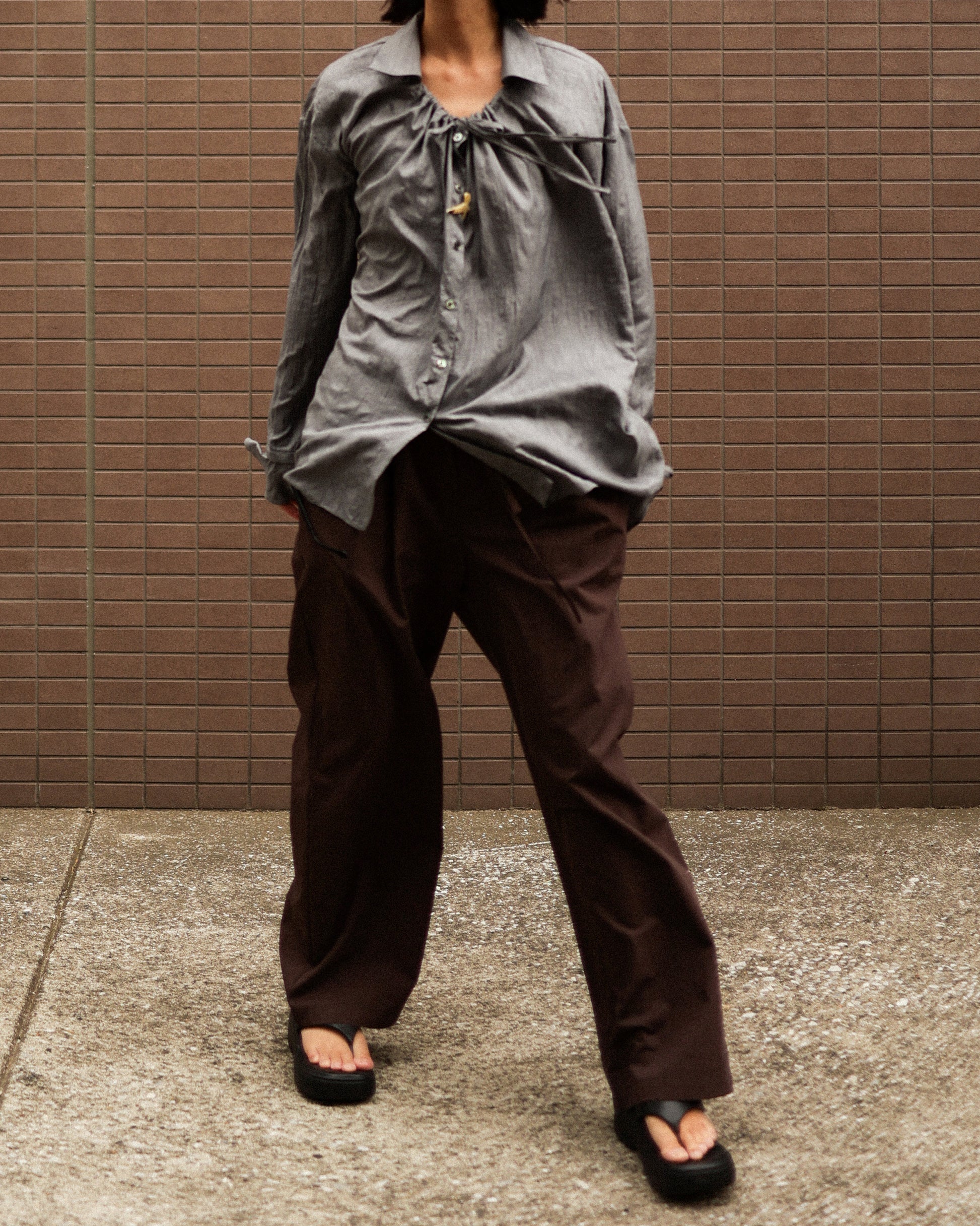 Textured Loose String Pierrot Blouse, Thunder