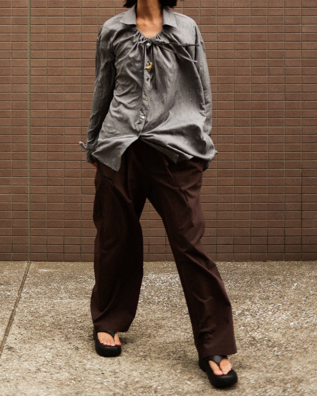 Textured Loose String Pierrot Blouse, Thunder