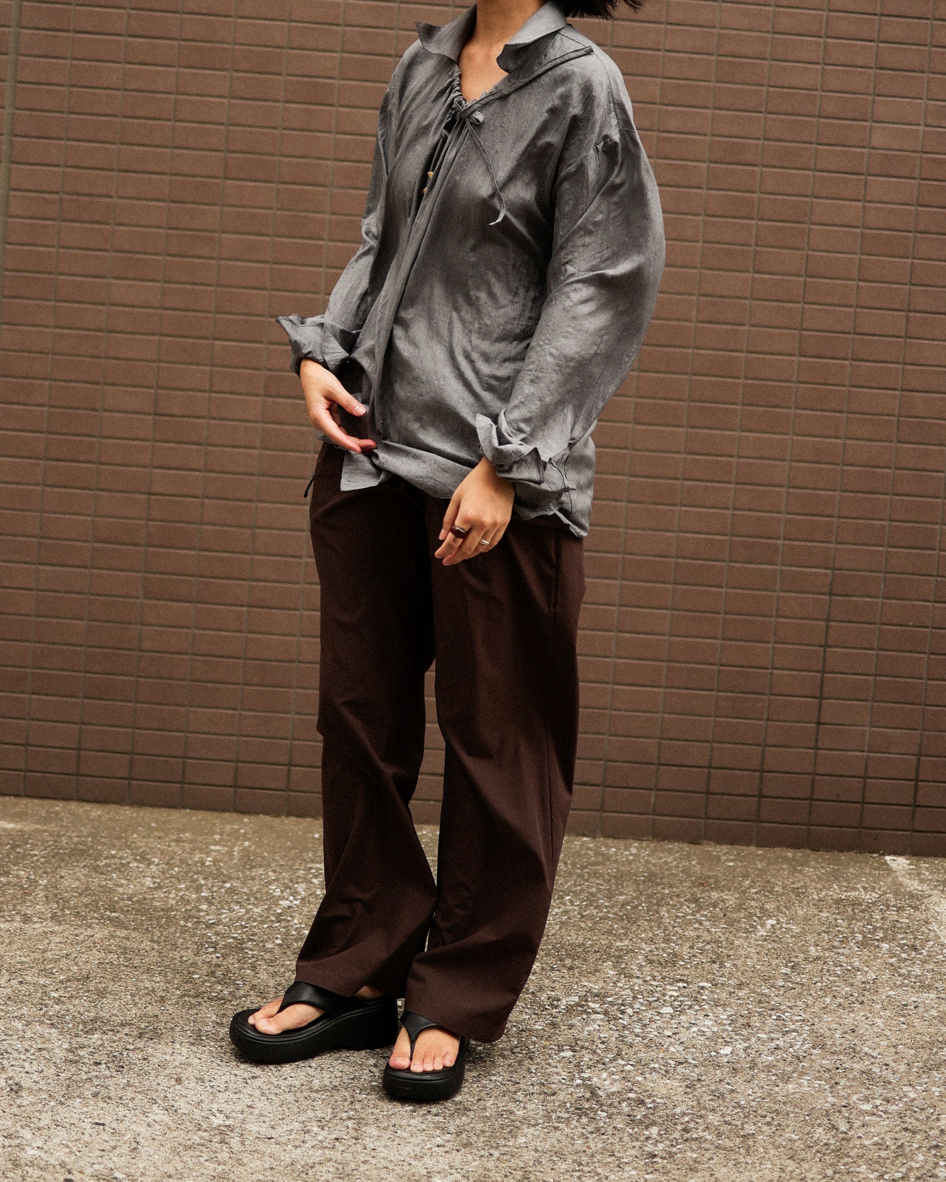 Textured Loose String Pierrot Blouse, Thunder