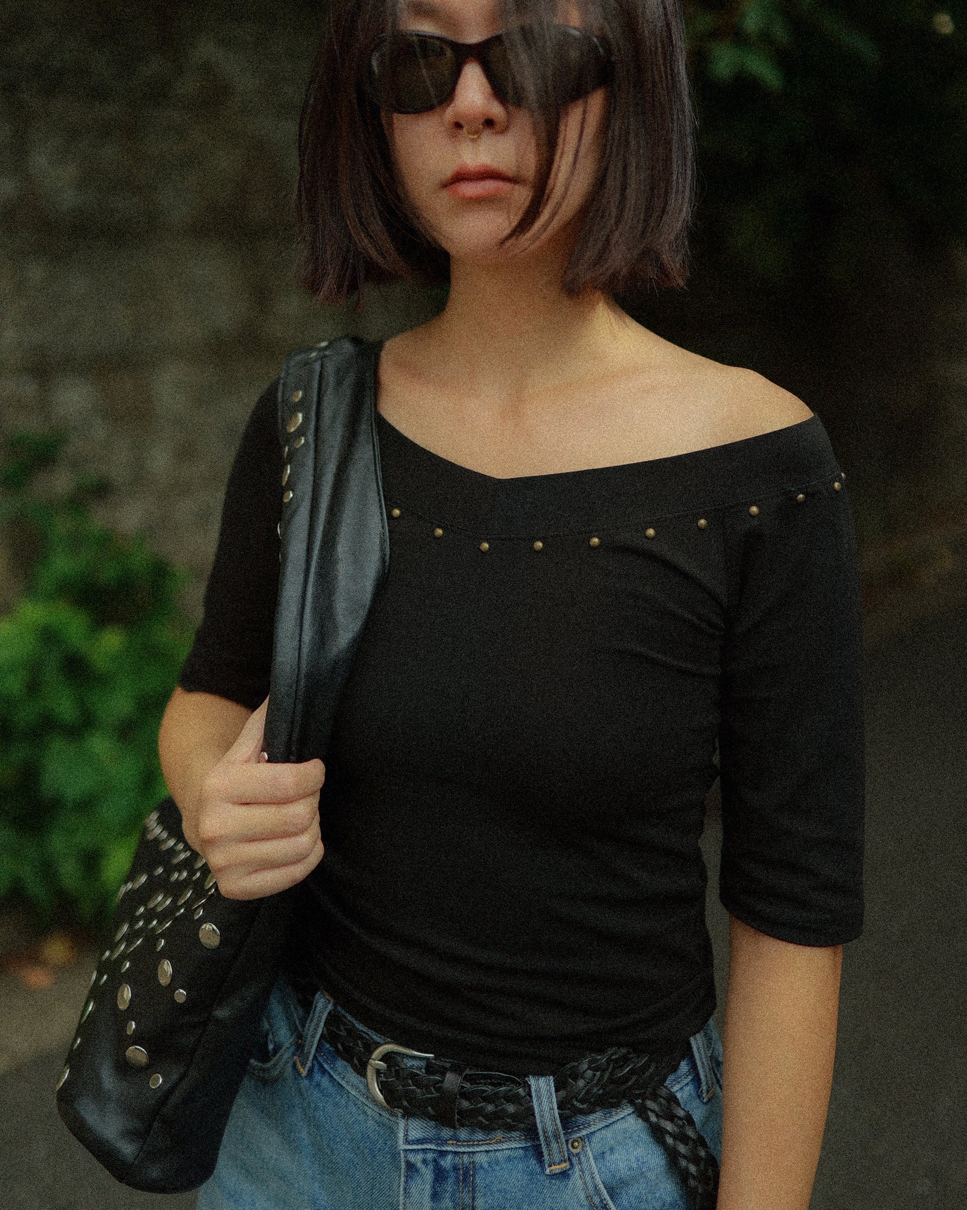 Studded Cut-Out Jersey Top, Noir