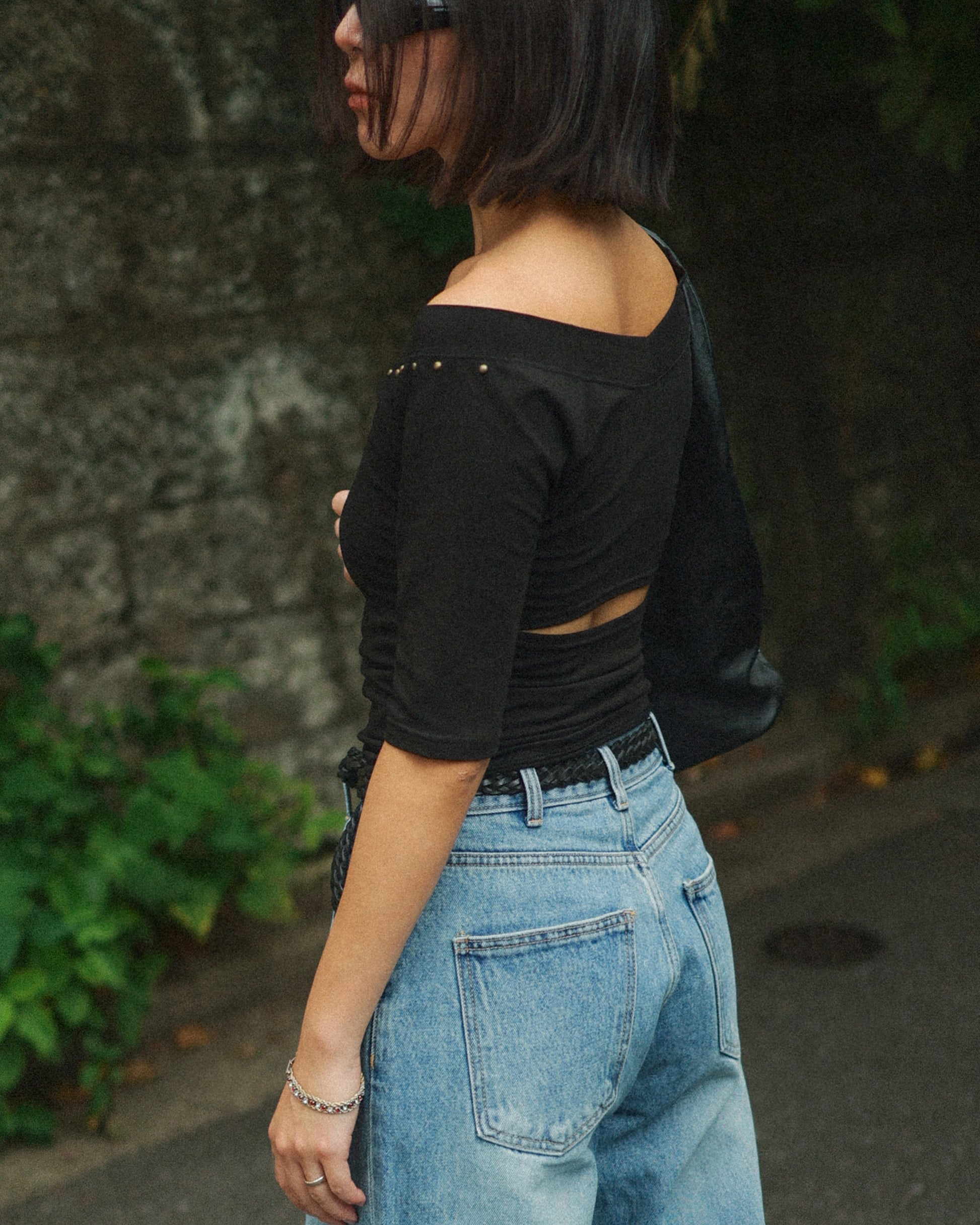 Studded Cut-Out Jersey Top, Noir