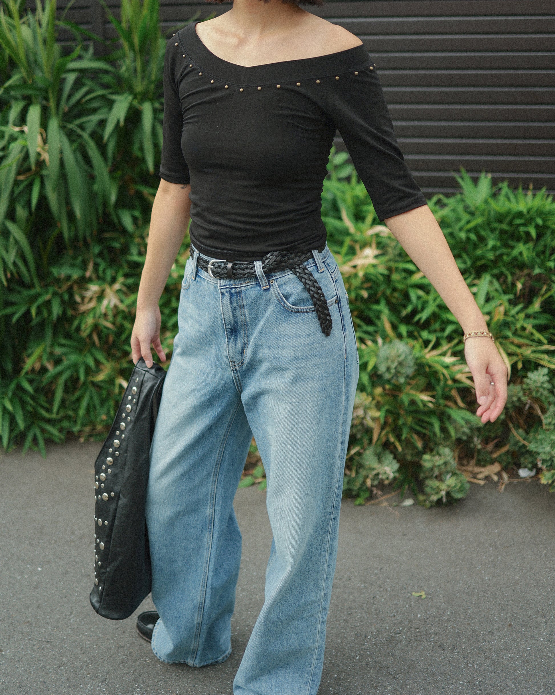 Studded Cut-Out Jersey Top, Noir