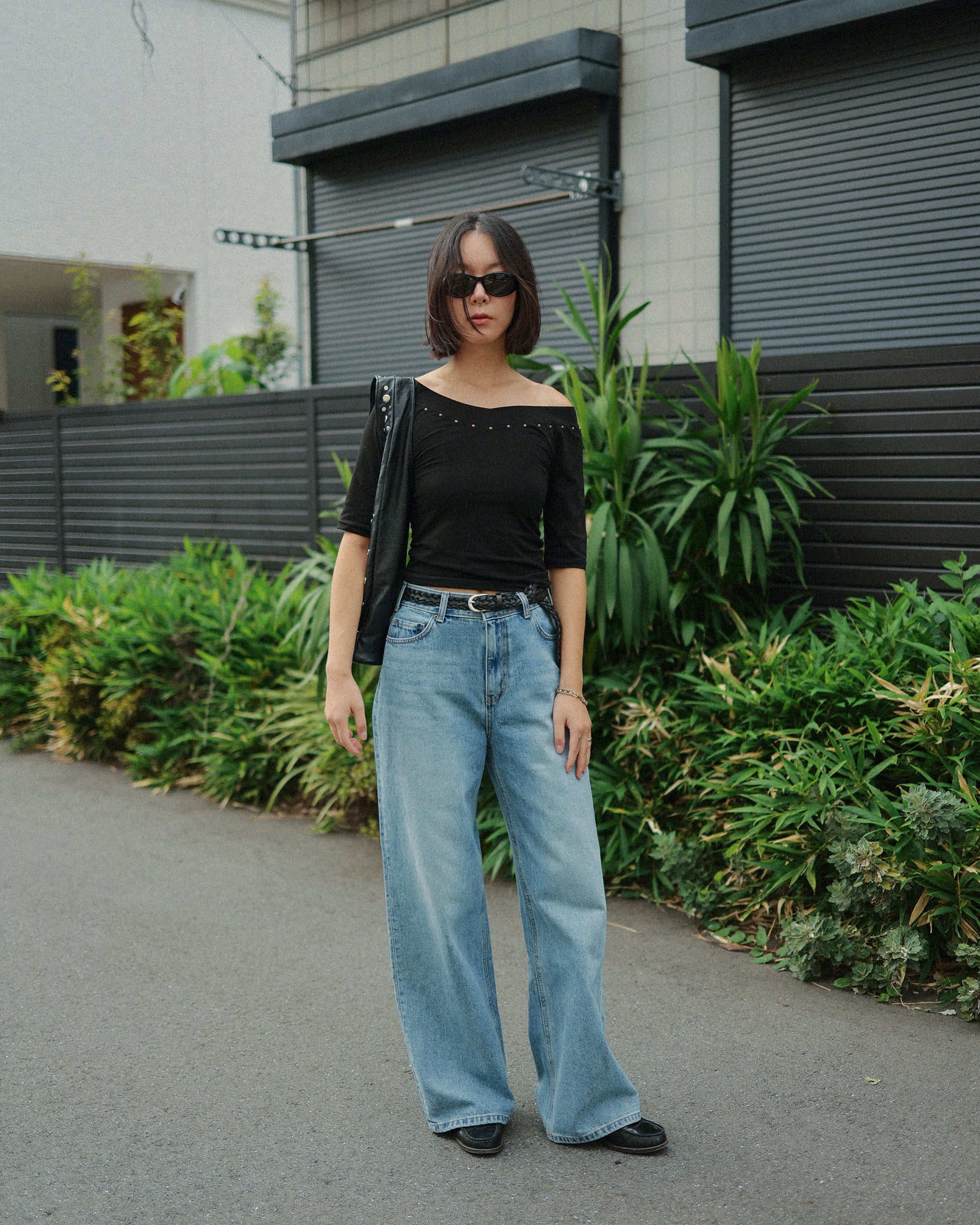 Studded Cut-Out Jersey Top, Noir