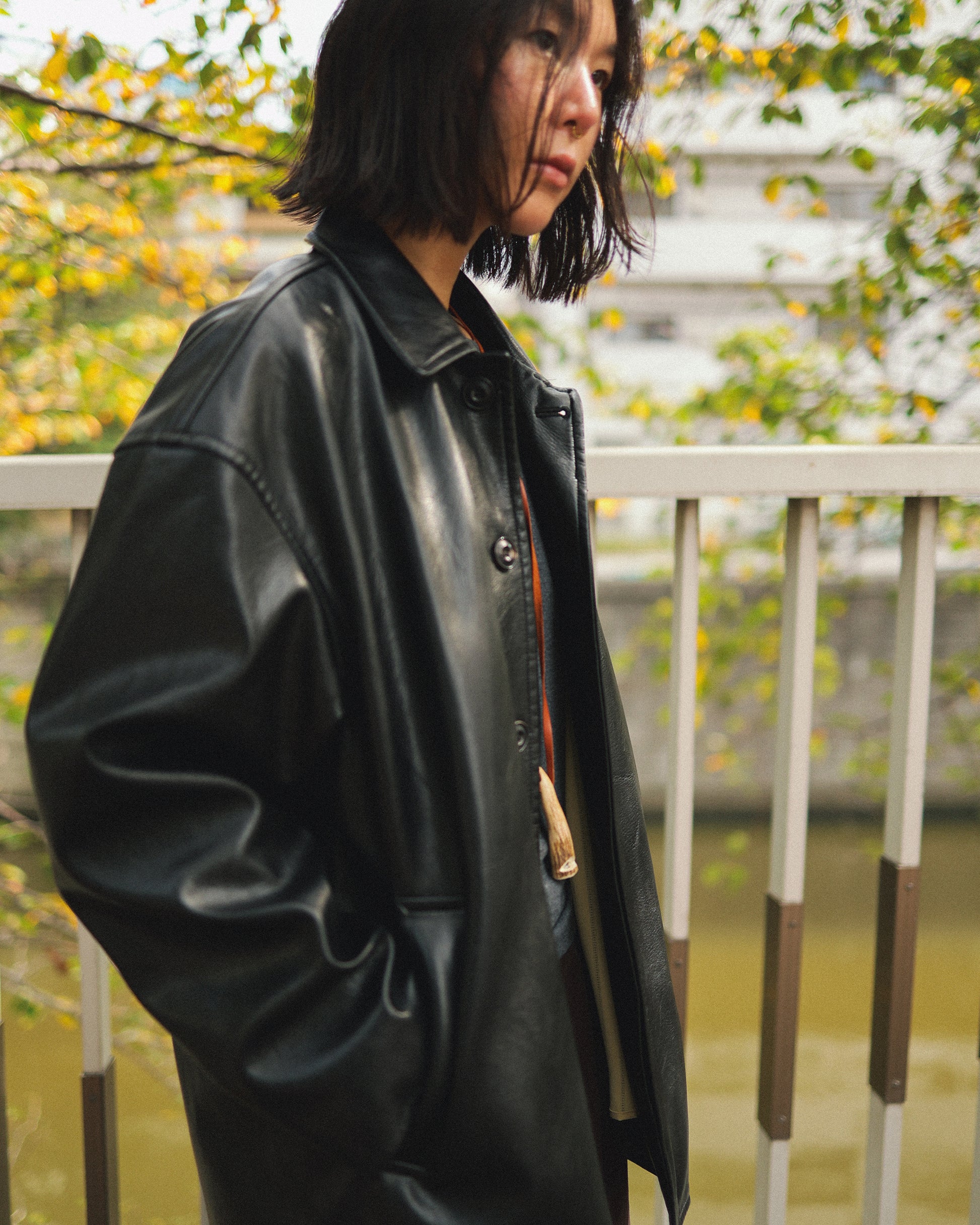 Tarsem Oversized Car Leather Coat, Washed Black