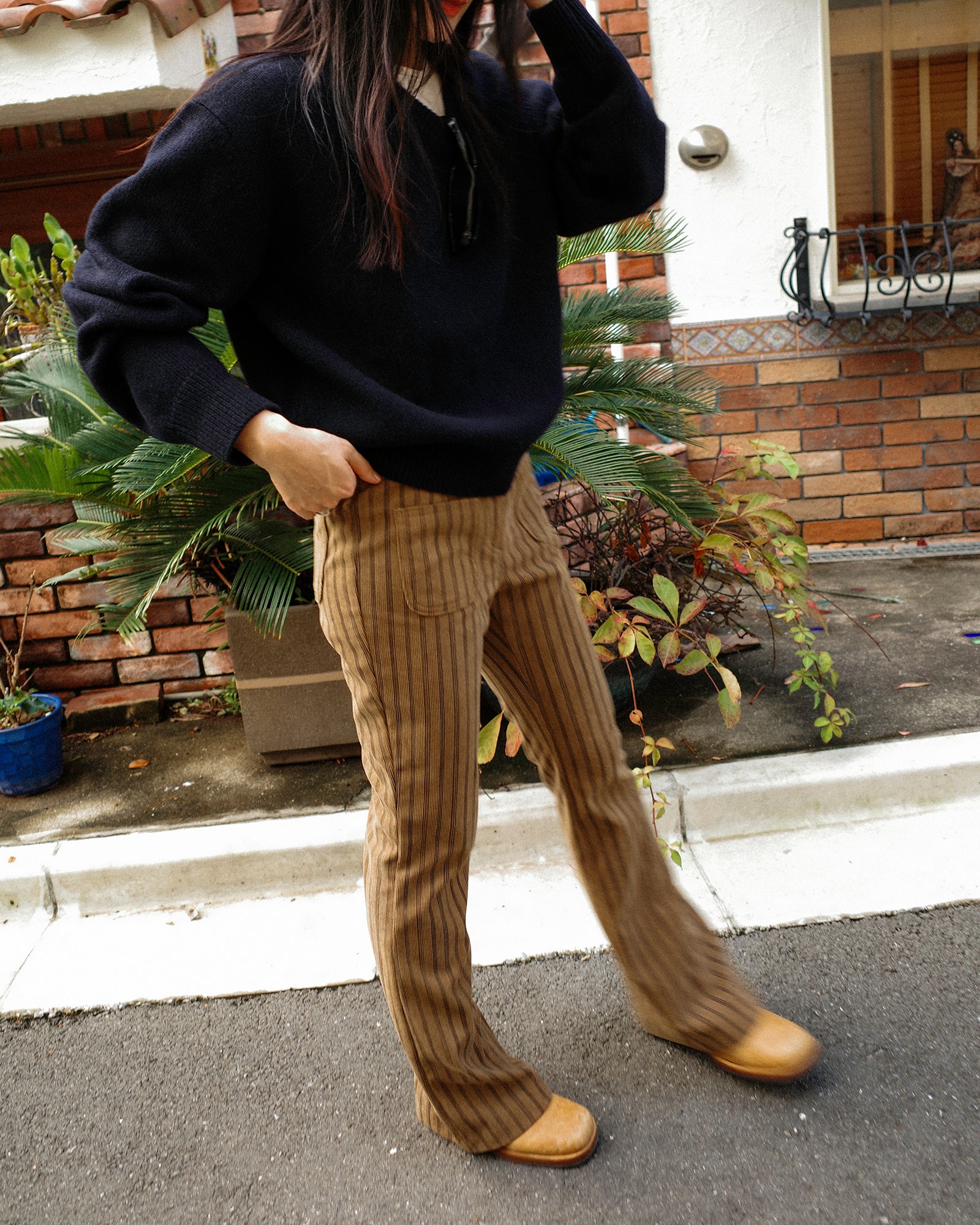 Nada Retro Striped Corduroy Flare Trousers, Autumn Leaves