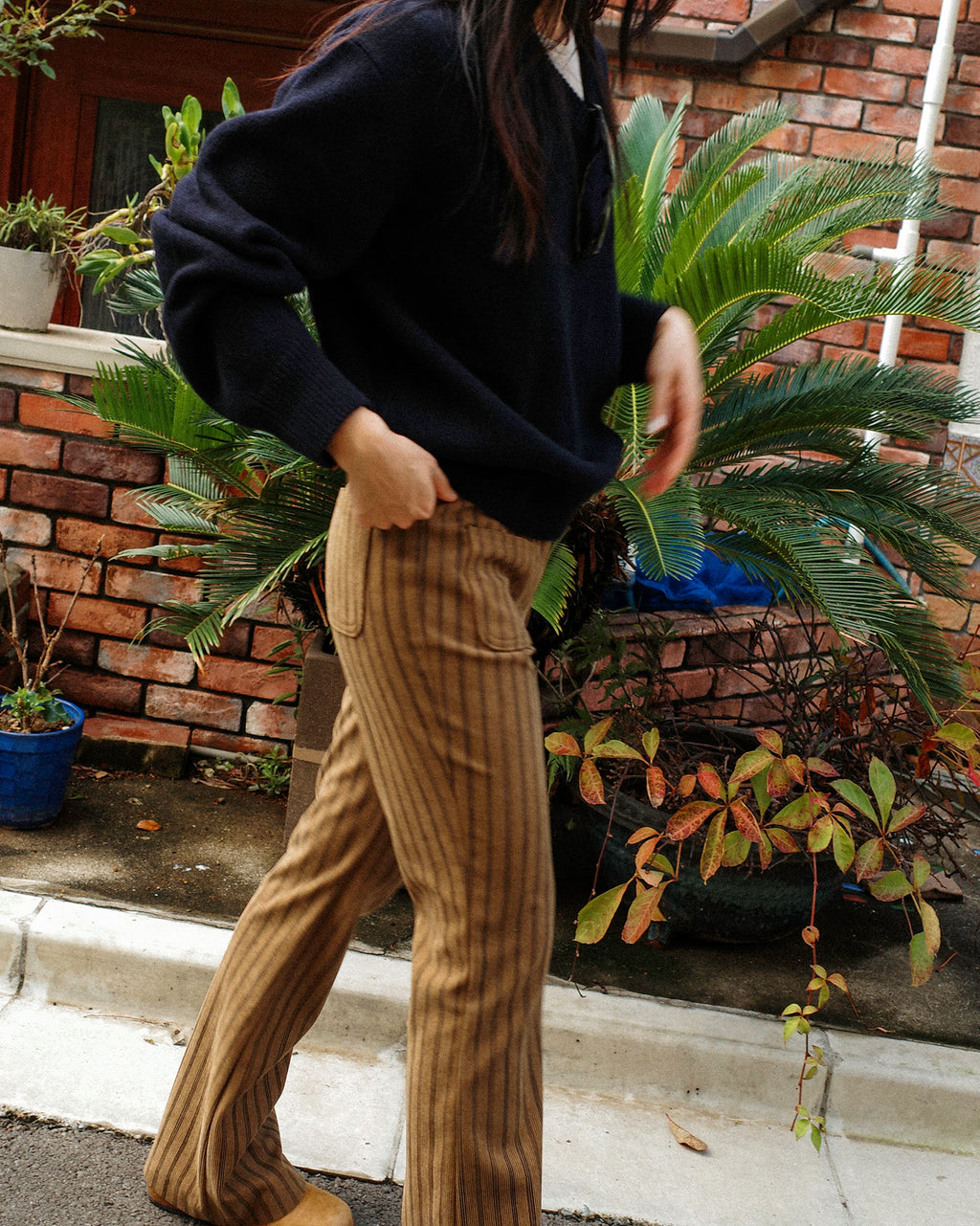 Nada Retro Striped Corduroy Flare Trousers, Autumn Leaves