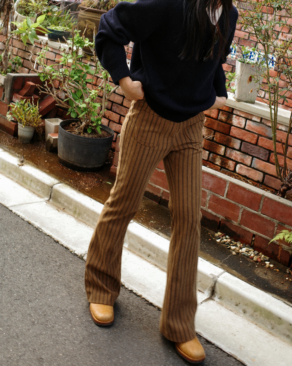 Nada Retro Striped Corduroy Flare Trousers, Autumn Leaves
