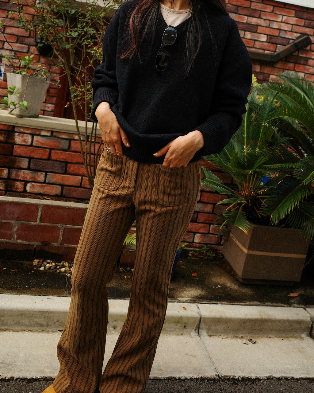 Nada Retro Striped Corduroy Flare Trousers, Autumn Leaves