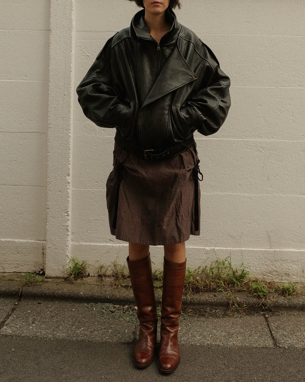 Italian Shrunken Forma Leather Jacket, Nero Pelle