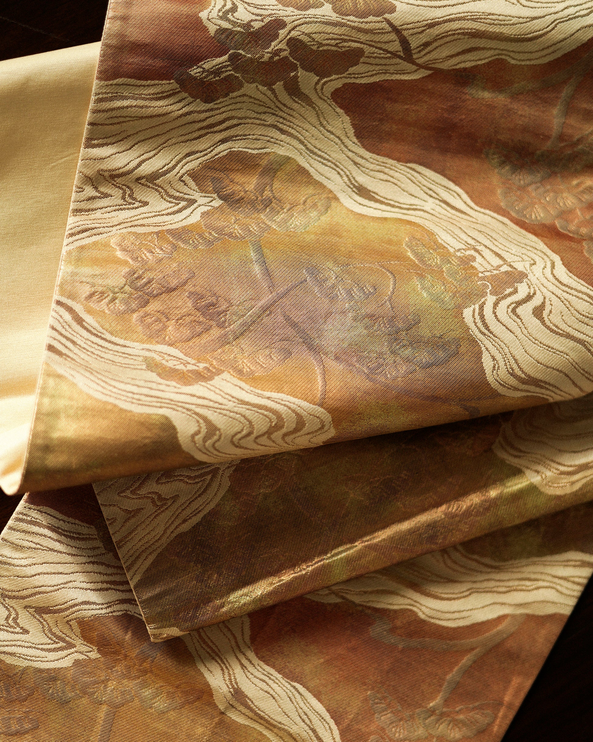 Japanese Antique Obi with Flowing River and Pine, Sunsent Gold