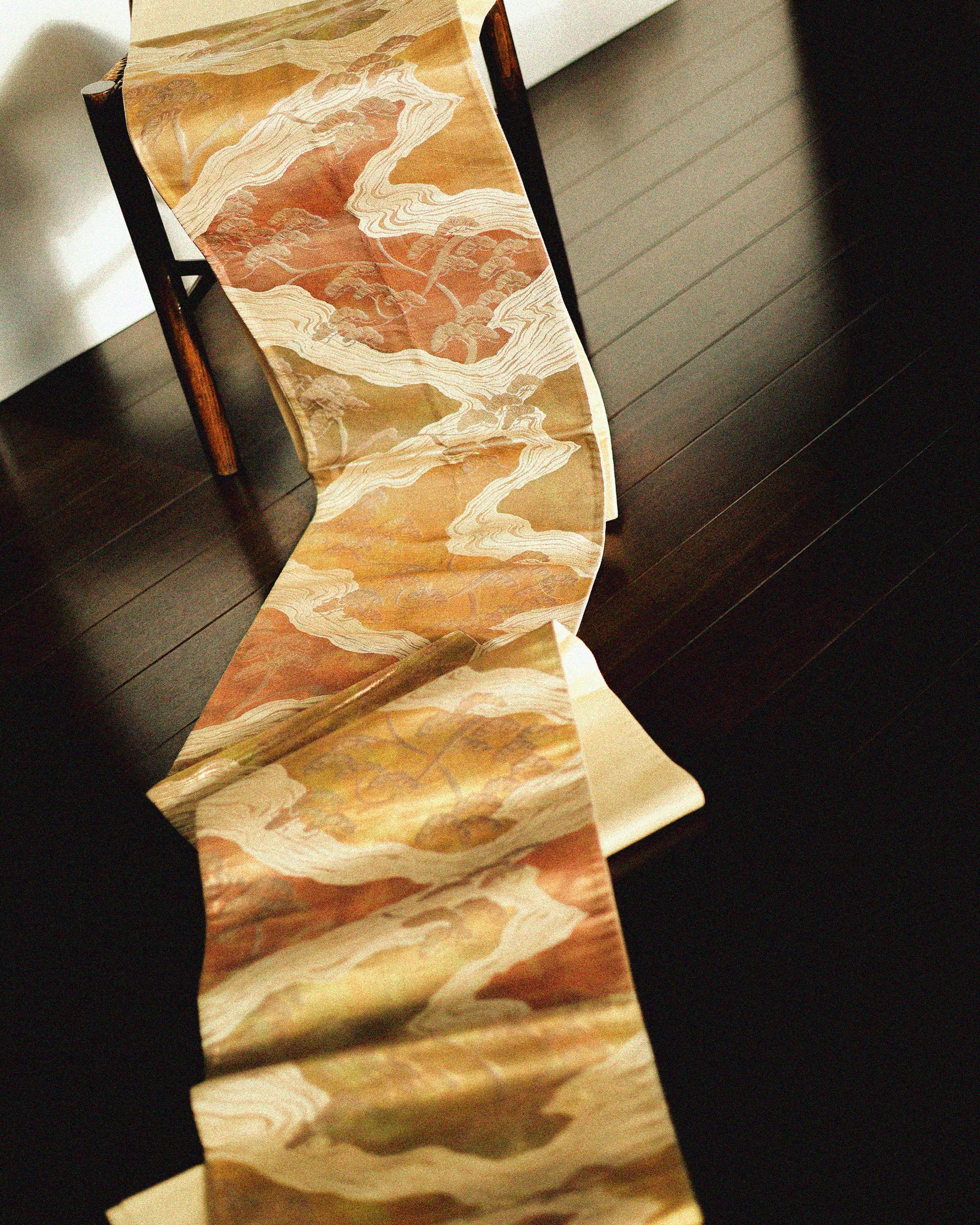 Japanese Antique Obi with Flowing River and Pine, Sunsent Gold