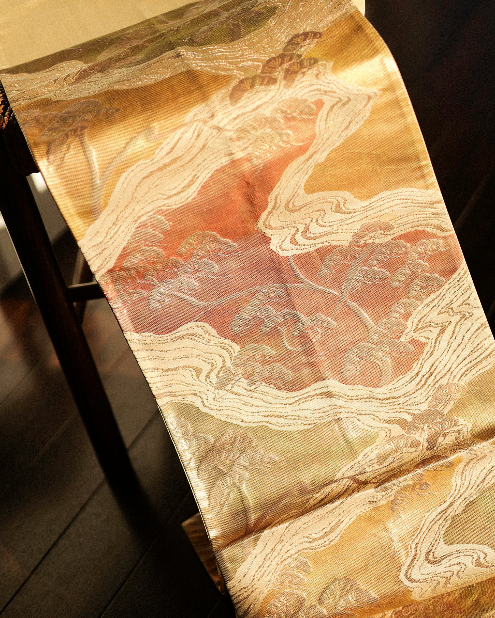 Japanese Antique Obi with Flowing River and Pine, Sunsent Gold