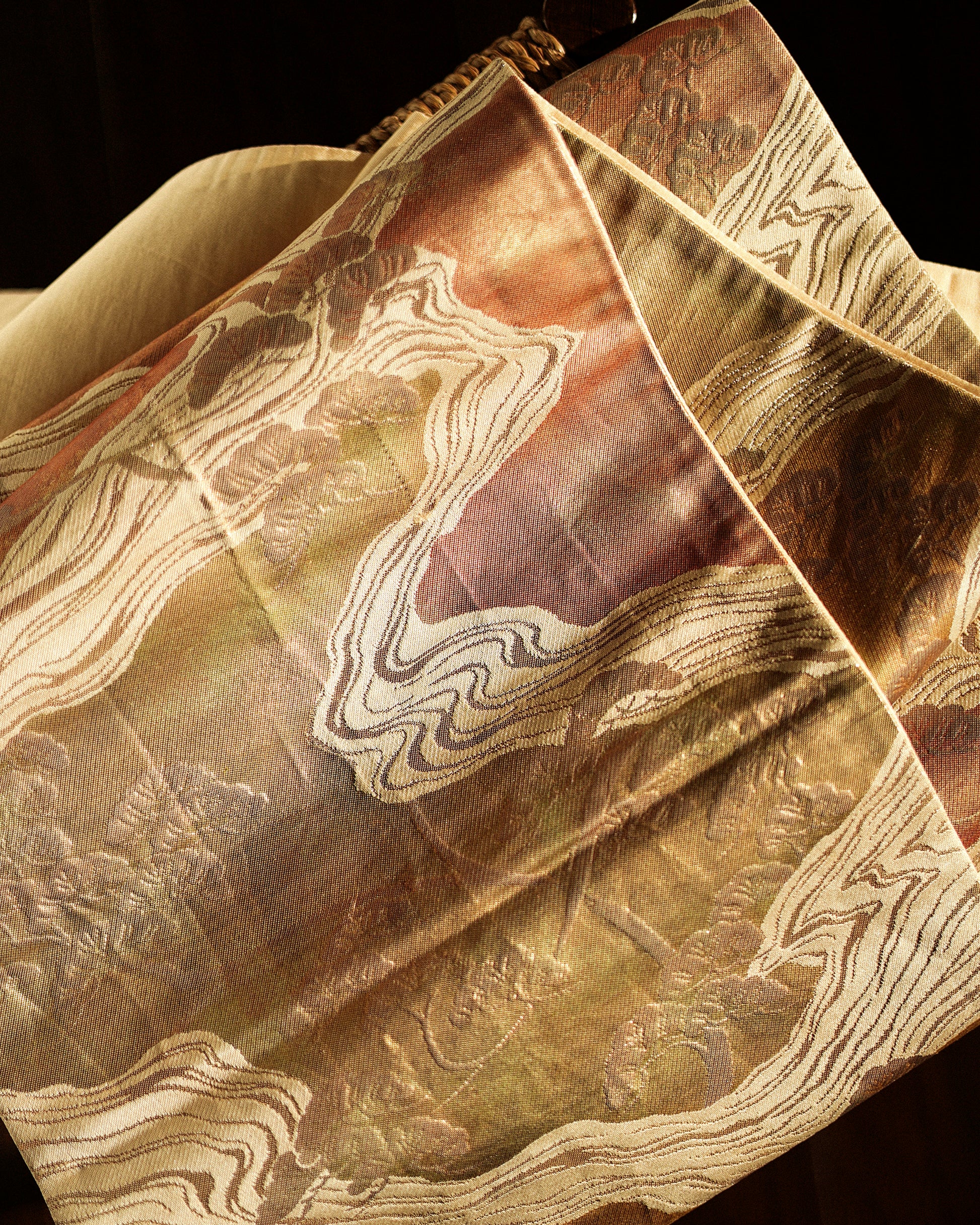 Japanese Antique Obi with Flowing River and Pine, Sunsent Gold