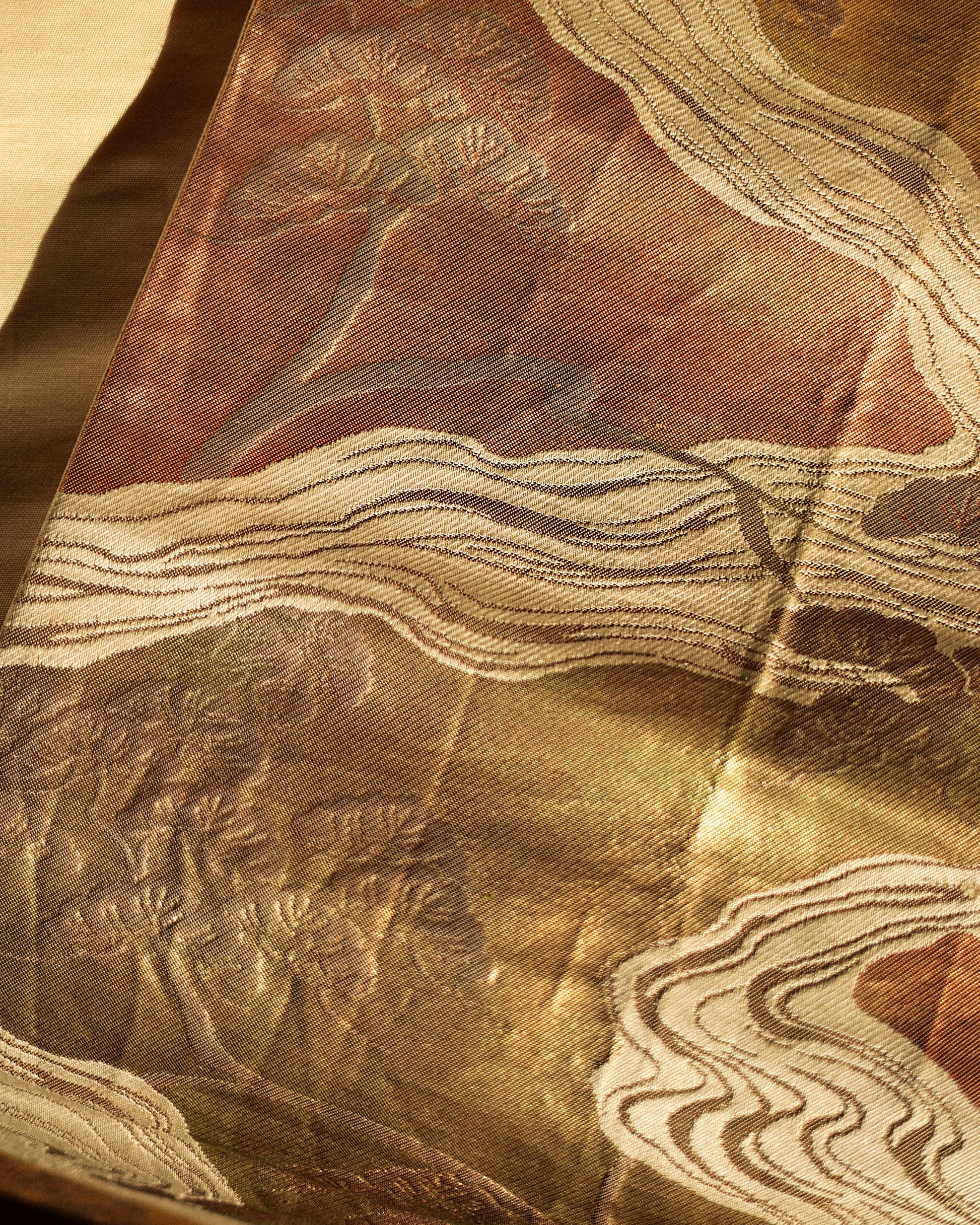 Japanese Antique Obi with Flowing River and Pine, Sunsent Gold