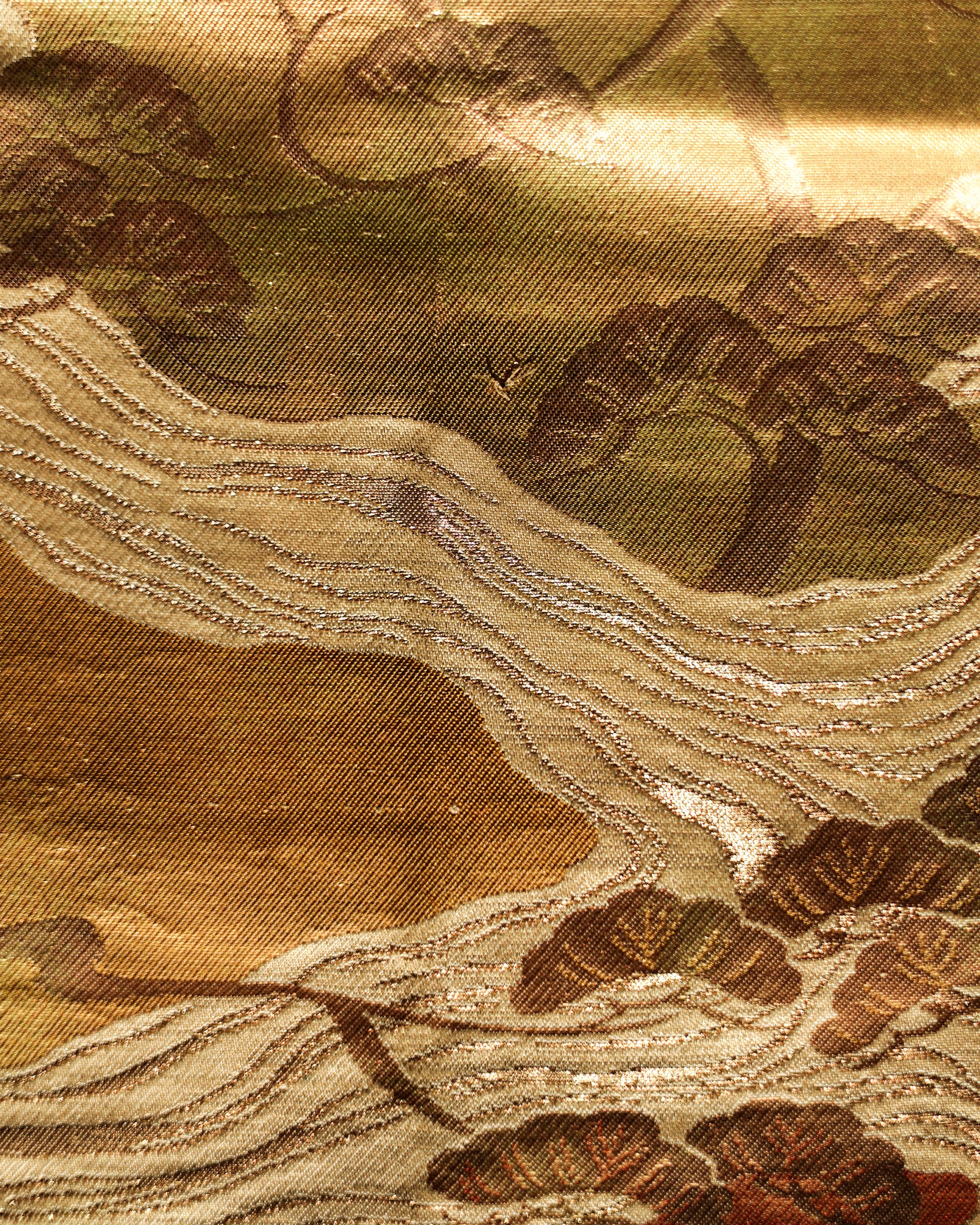 Japanese Antique Obi with Flowing River and Pine, Sunsent Gold