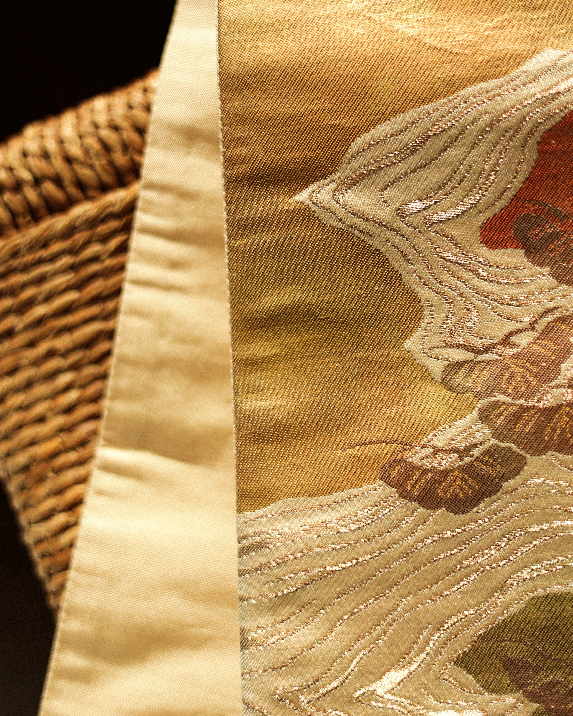 Japanese Antique Obi with Flowing River and Pine, Sunsent Gold