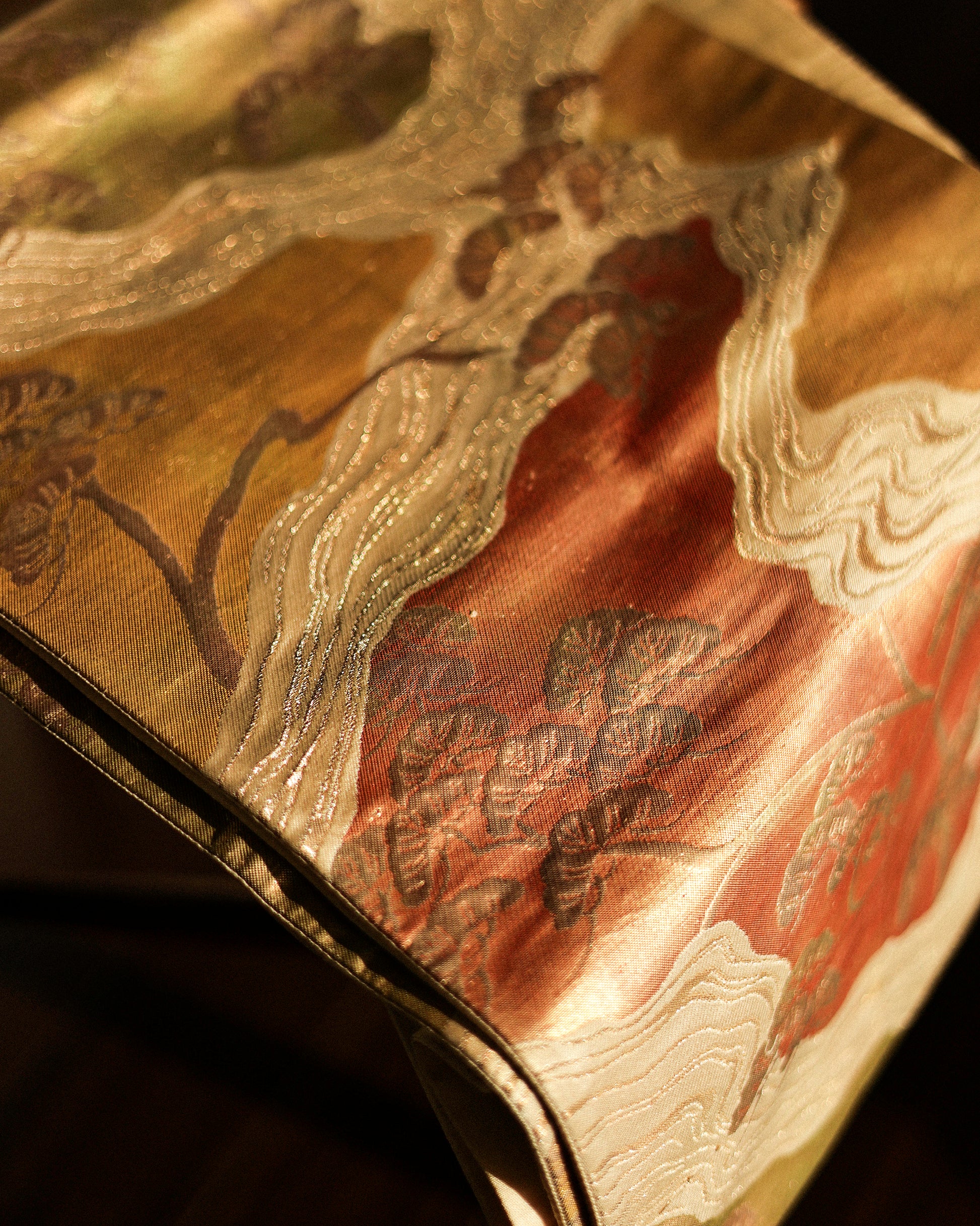 Japanese Antique Obi with Flowing River and Pine, Sunsent Gold