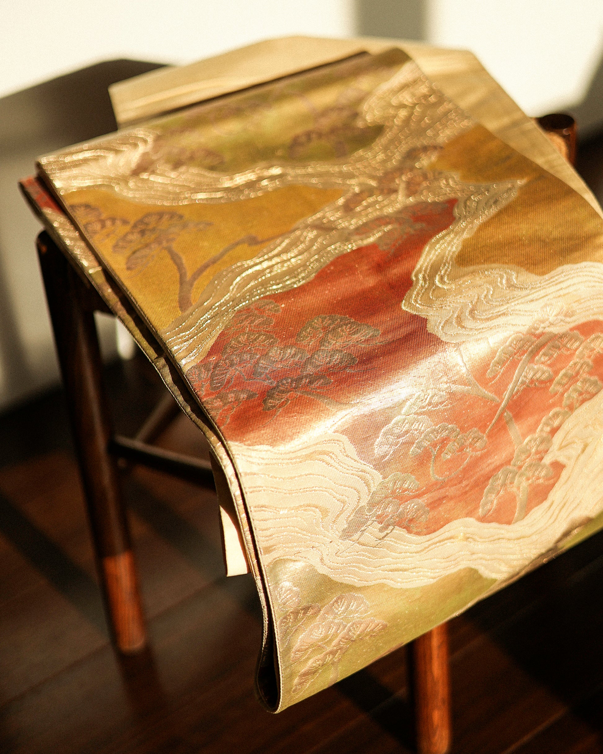 Japanese Antique Obi with Flowing River and Pine, Sunsent Gold