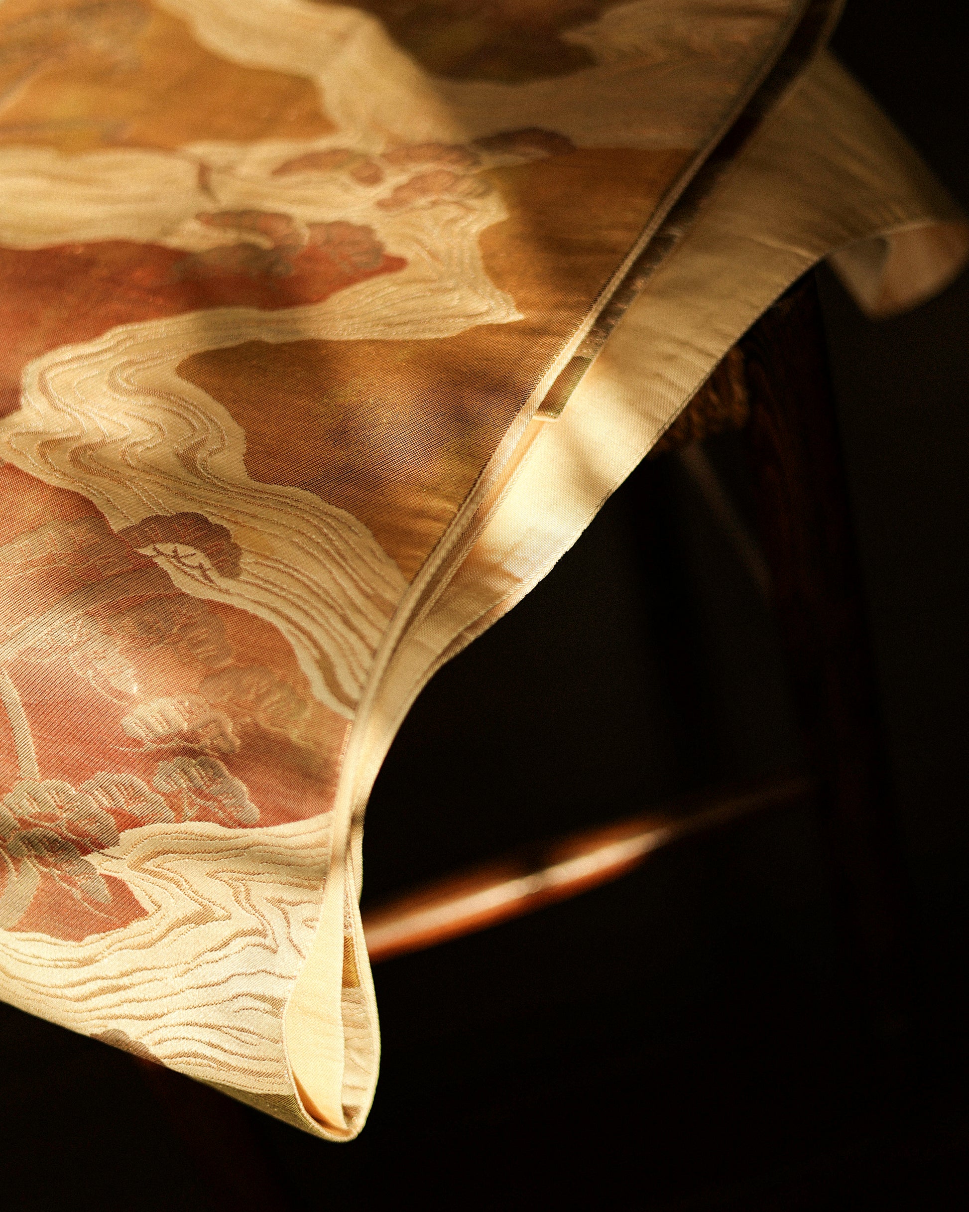 Japanese Antique Obi with Flowing River and Pine, Sunsent Gold