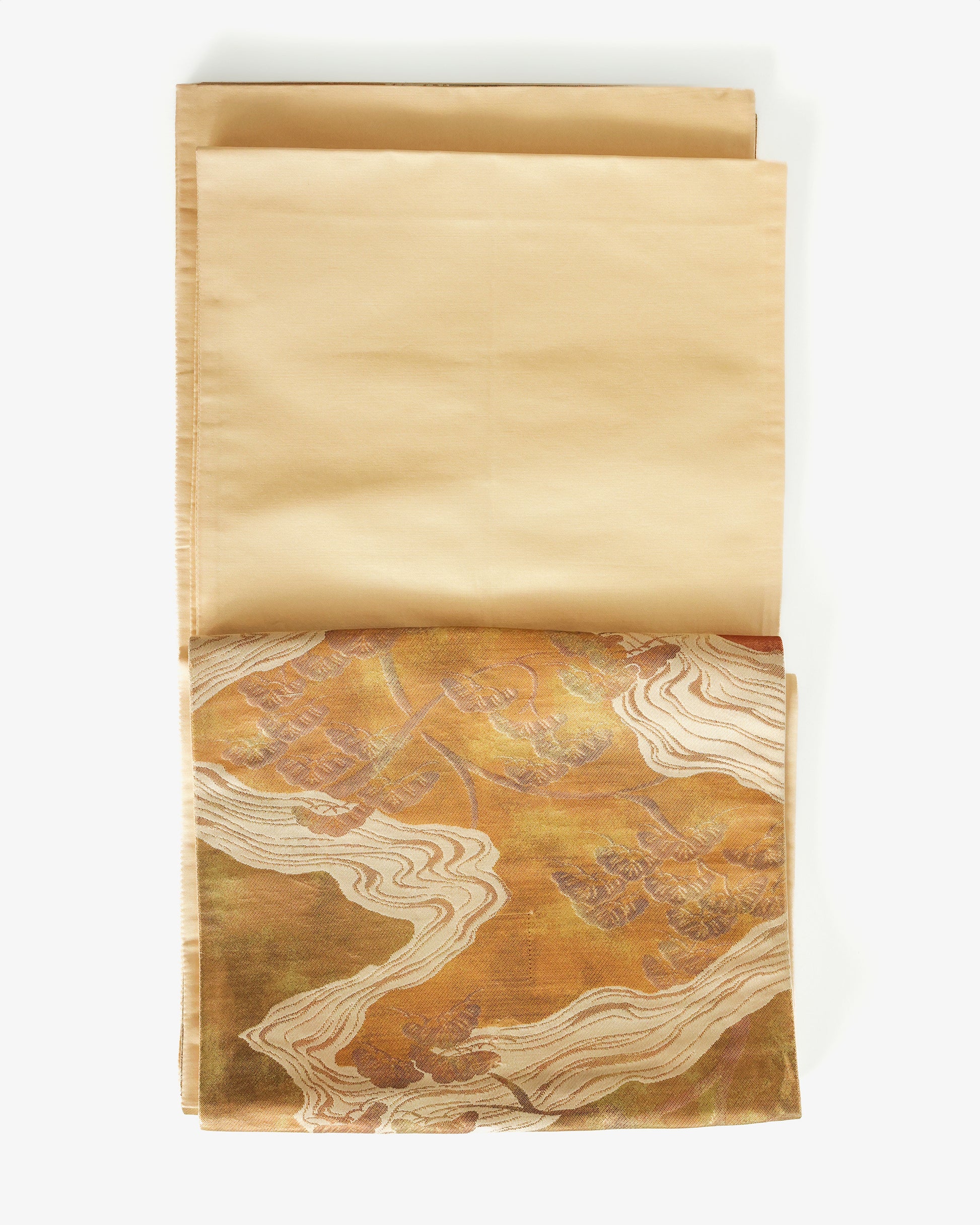 Japanese Antique Obi with Flowing River and Pine, Sunsent Gold