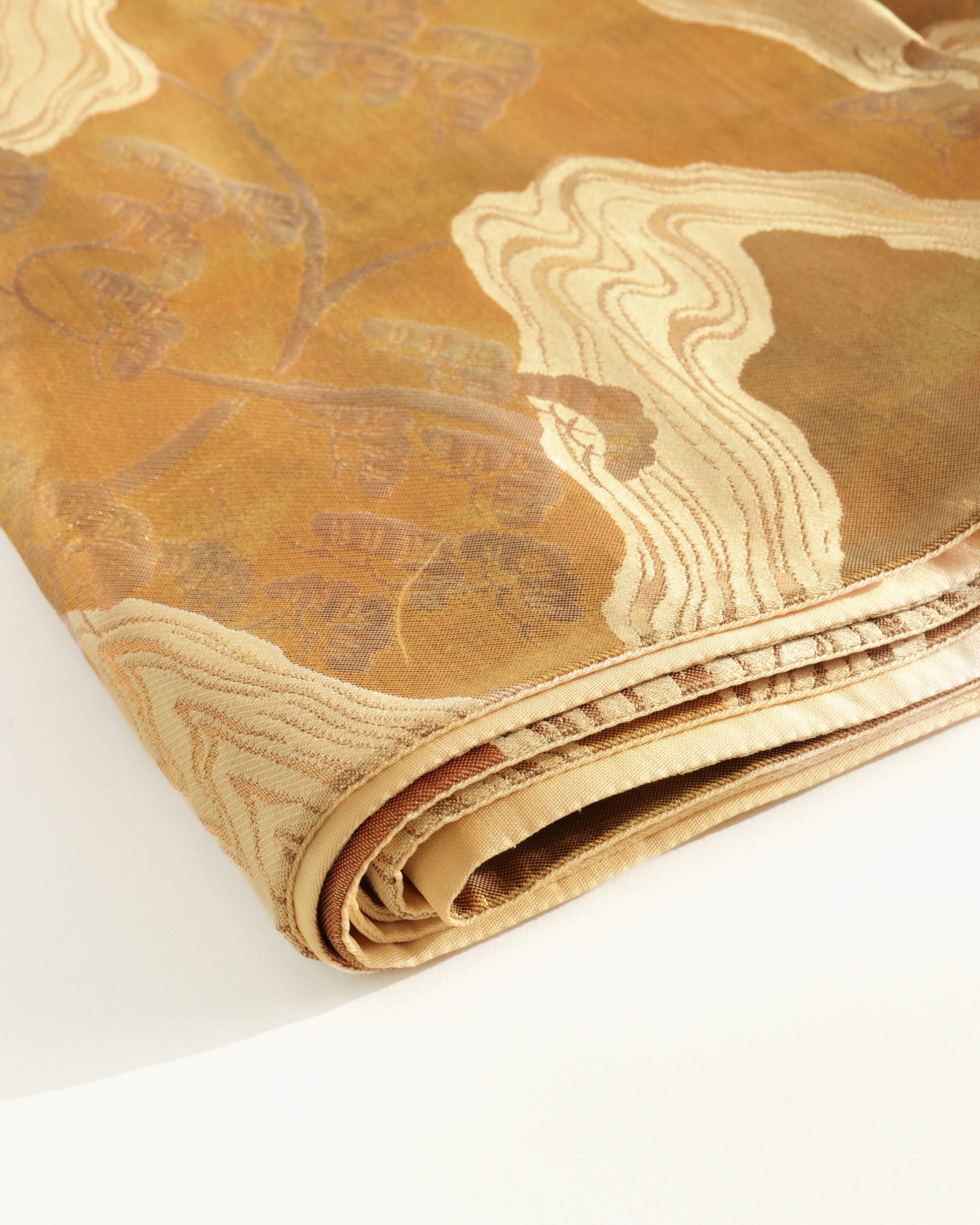 Japanese Antique Obi with Flowing River and Pine, Sunsent Gold