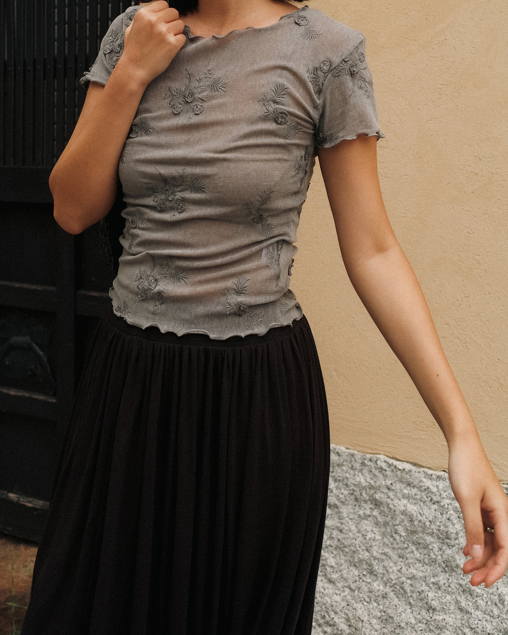 Petal Armor Mesh Top, Smoke Grey