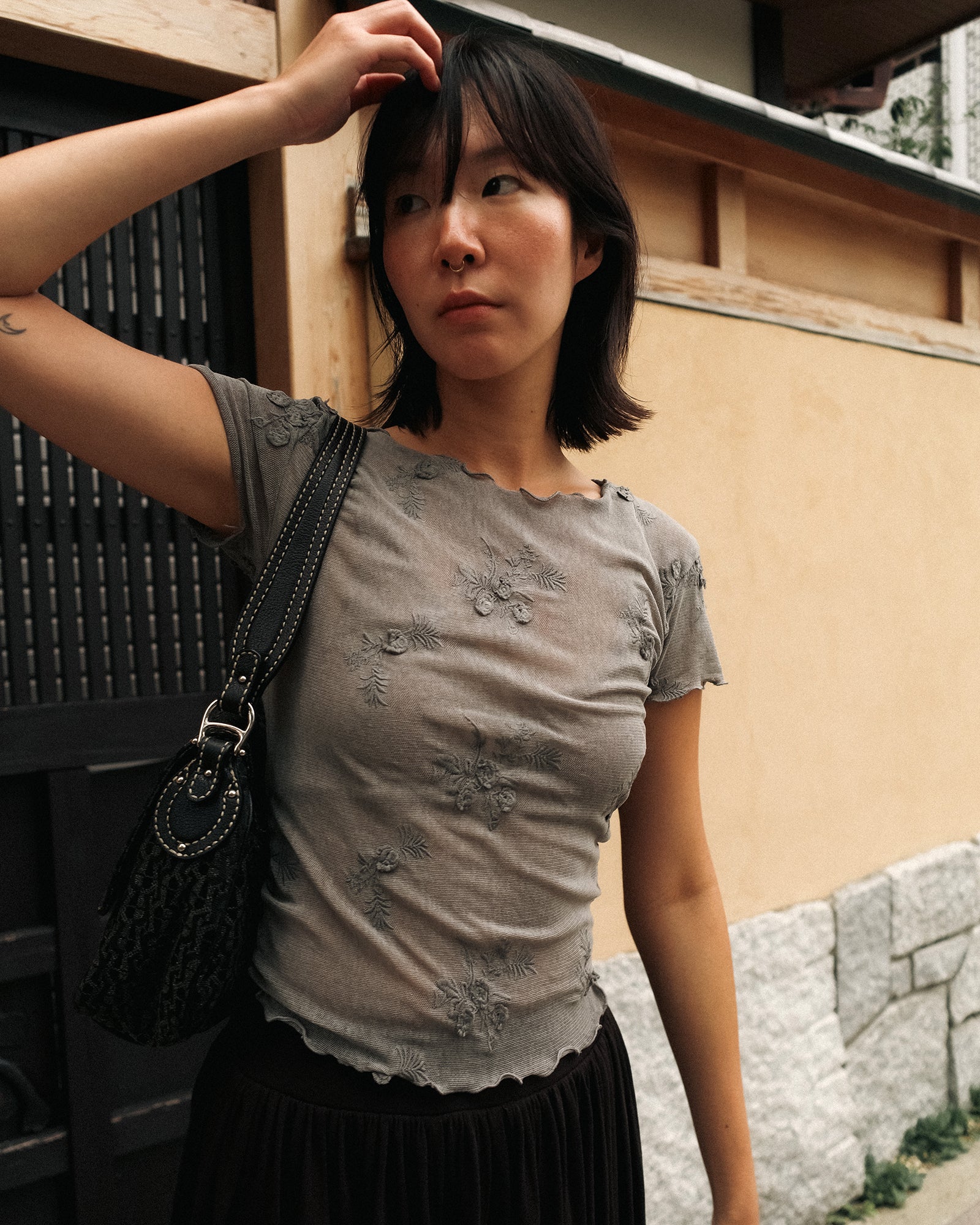 Petal Armor Mesh Top, Smoke Grey