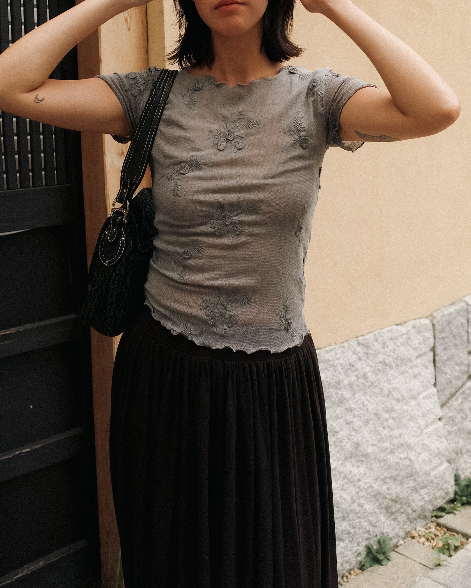Petal Armor Mesh Top, Smoke Grey