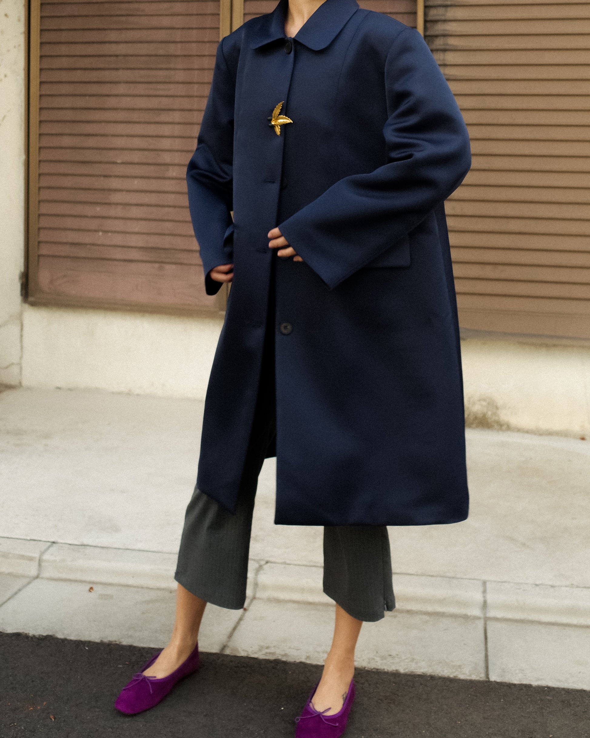 Catherine Club-Collar A-Line Satin Coat, Champagne Blue