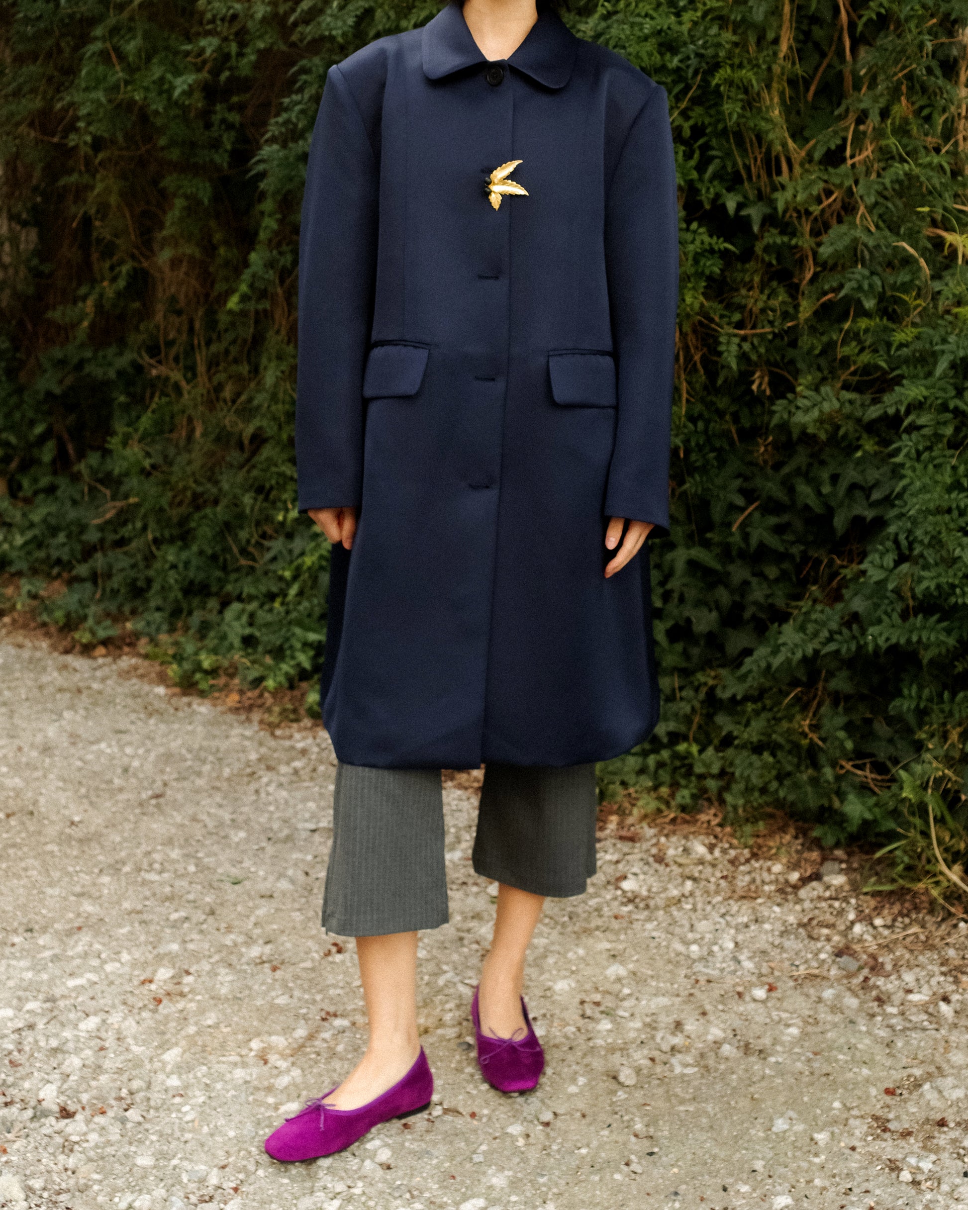 Catherine Club-Collar A-Line Satin Coat, Champagne Blue