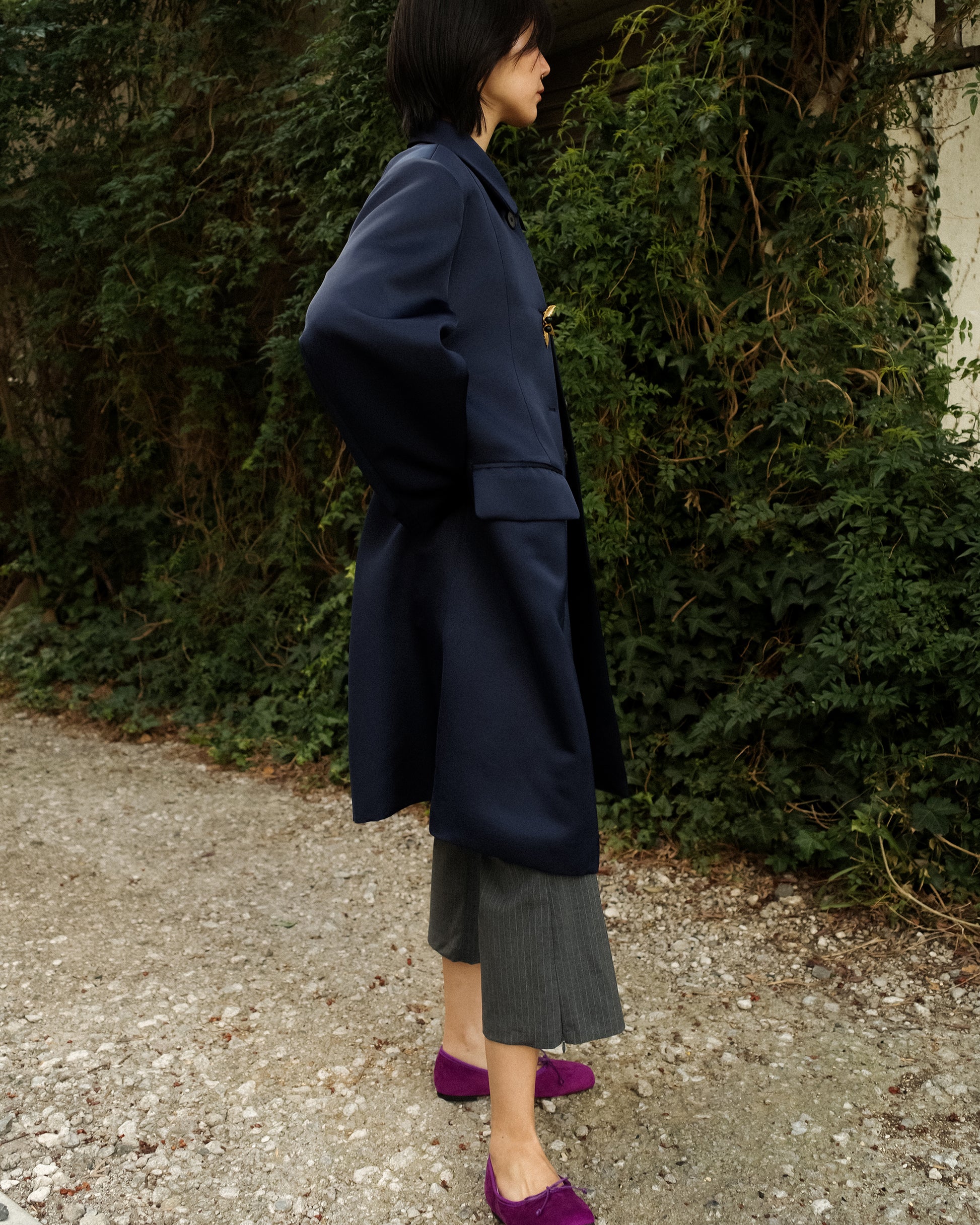 Catherine Club-Collar A-Line Satin Coat, Champagne Blue