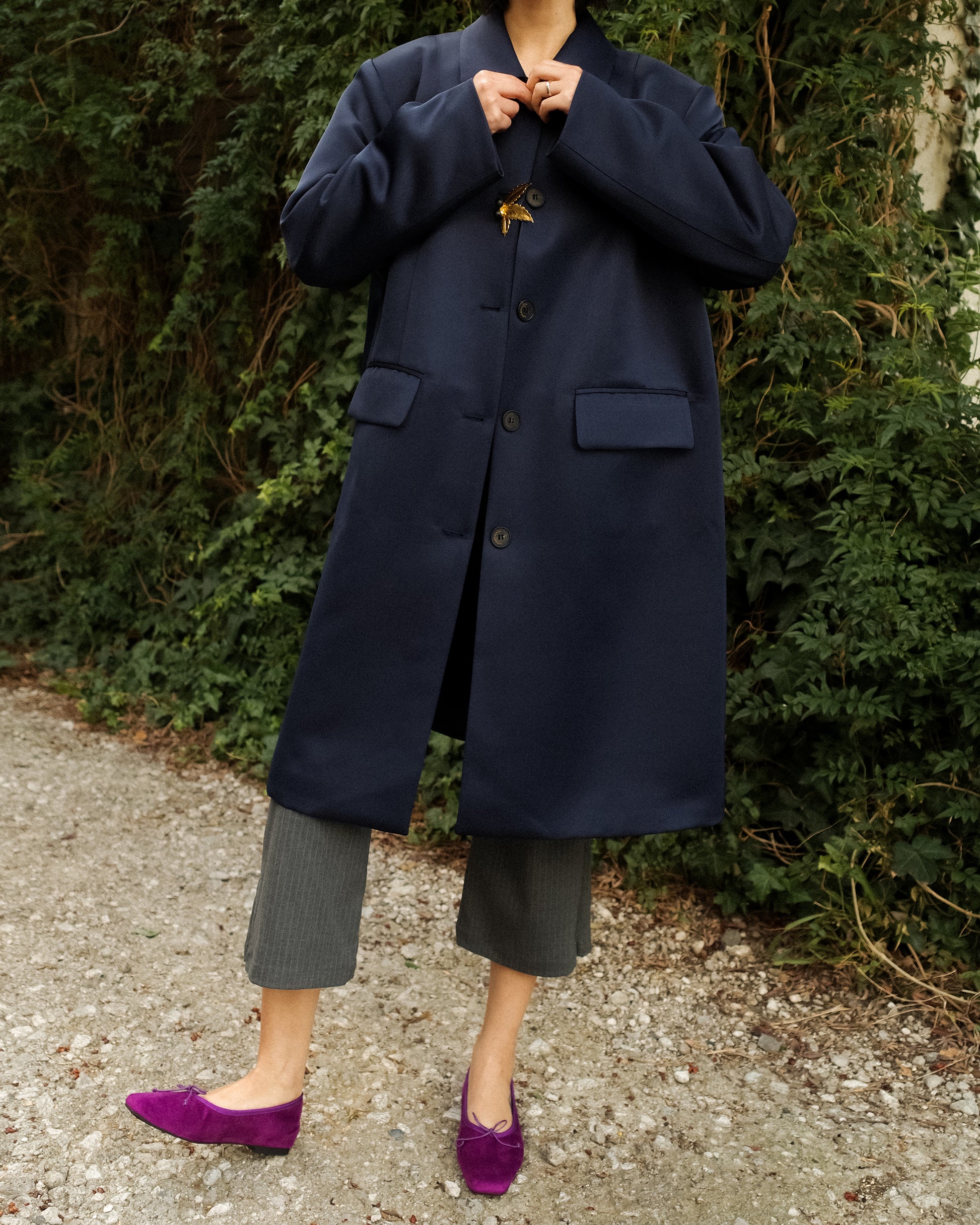 Catherine Club-Collar A-Line Satin Coat, Champagne Blue