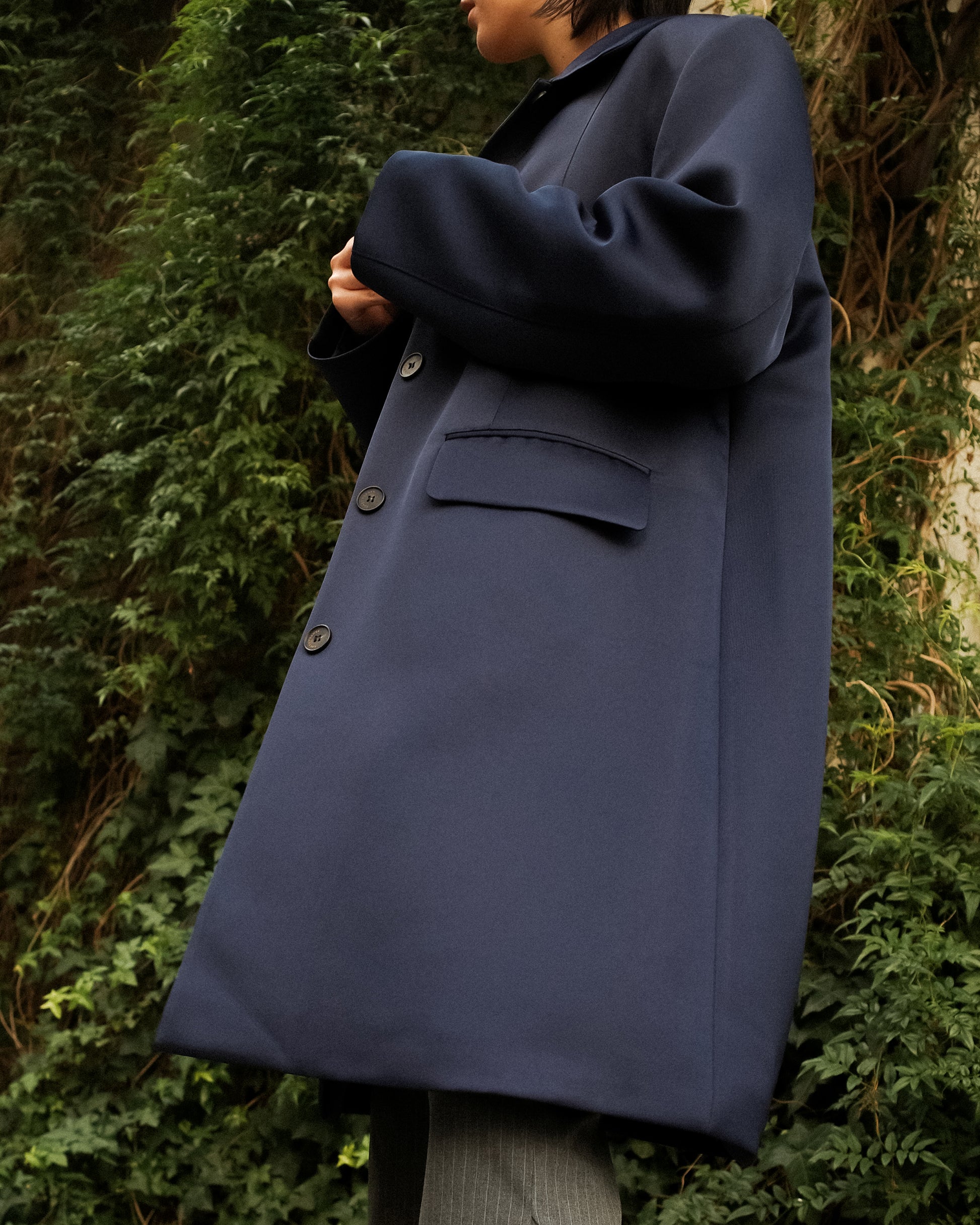 Catherine Club-Collar A-Line Satin Coat, Champagne Blue